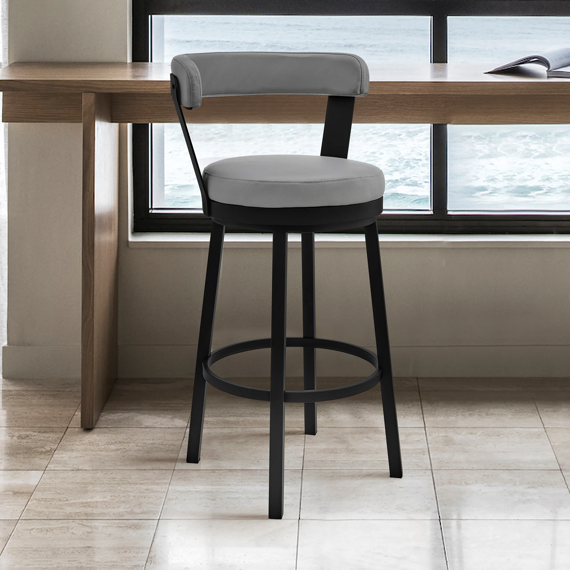 Bryant 30" Bar Height Swivel Bar Stool in Black Finish and Gray Faux Leather By Armen Living