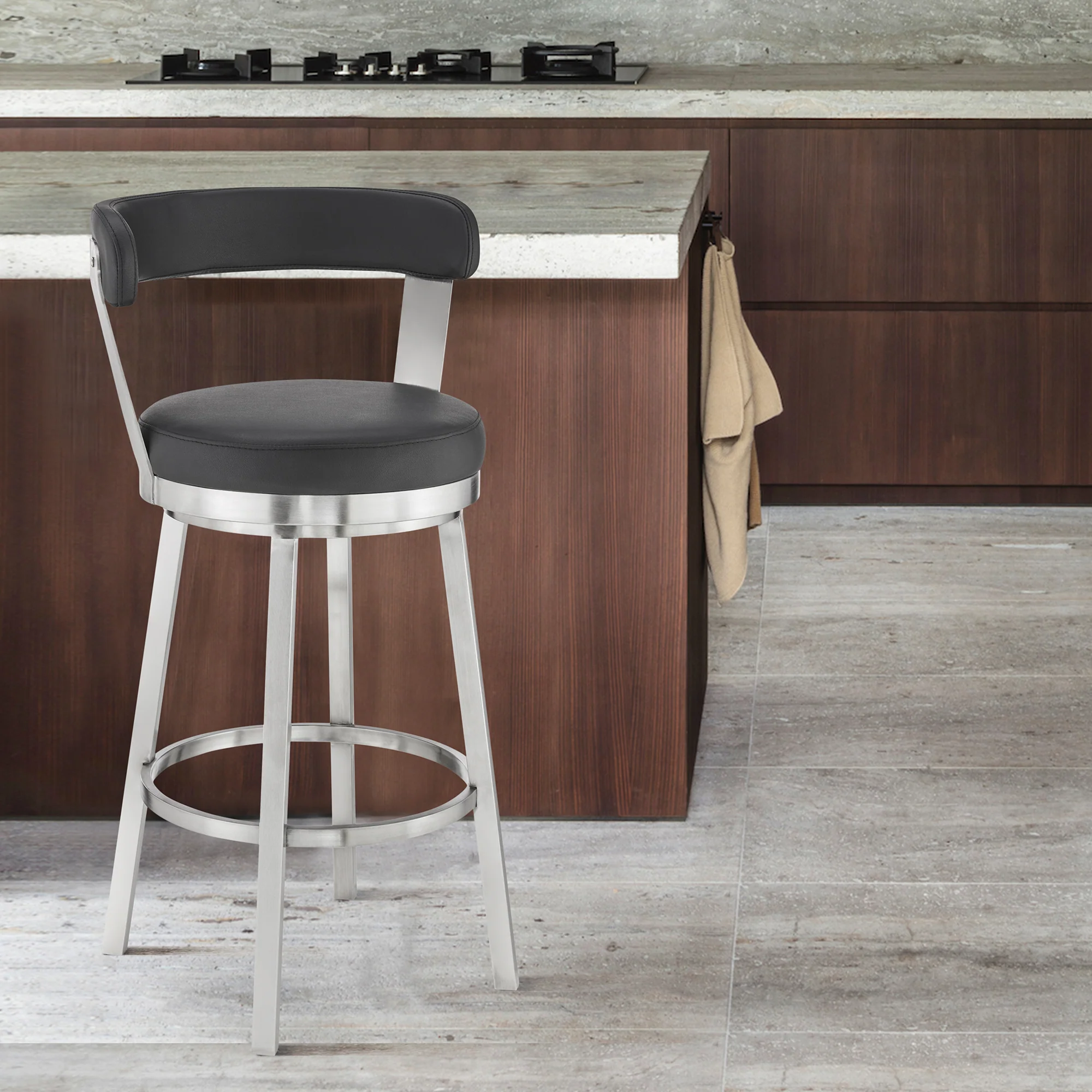 Bryant 30" Bar Height Swivel Bar Stool in Brushed Stainless Steel Finish and Black Faux Leather By Armen Living