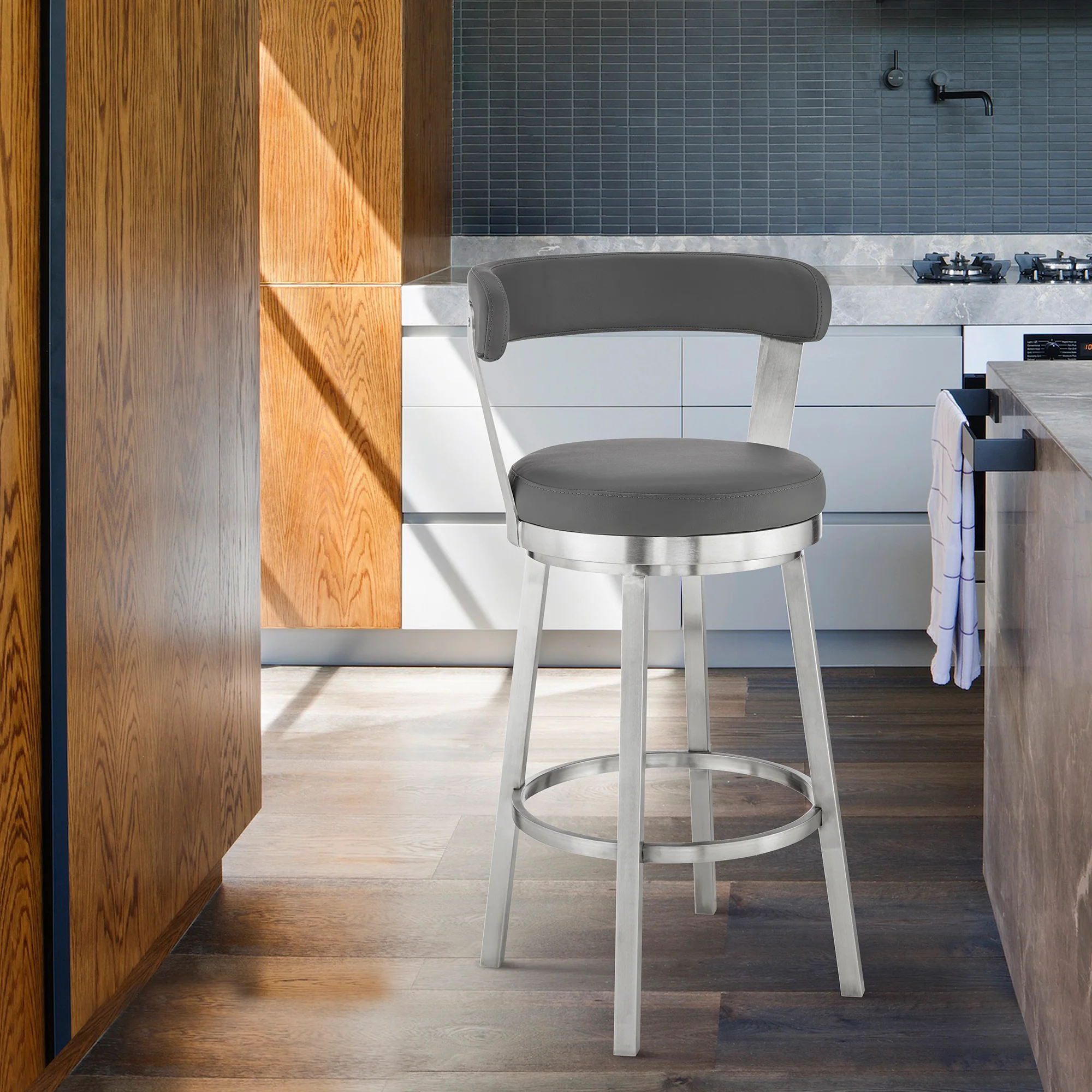 Bryant 30" Bar Height Swivel Bar Stool in Brushed Stainless Steel Finish and Gray Faux Leather By Armen Living