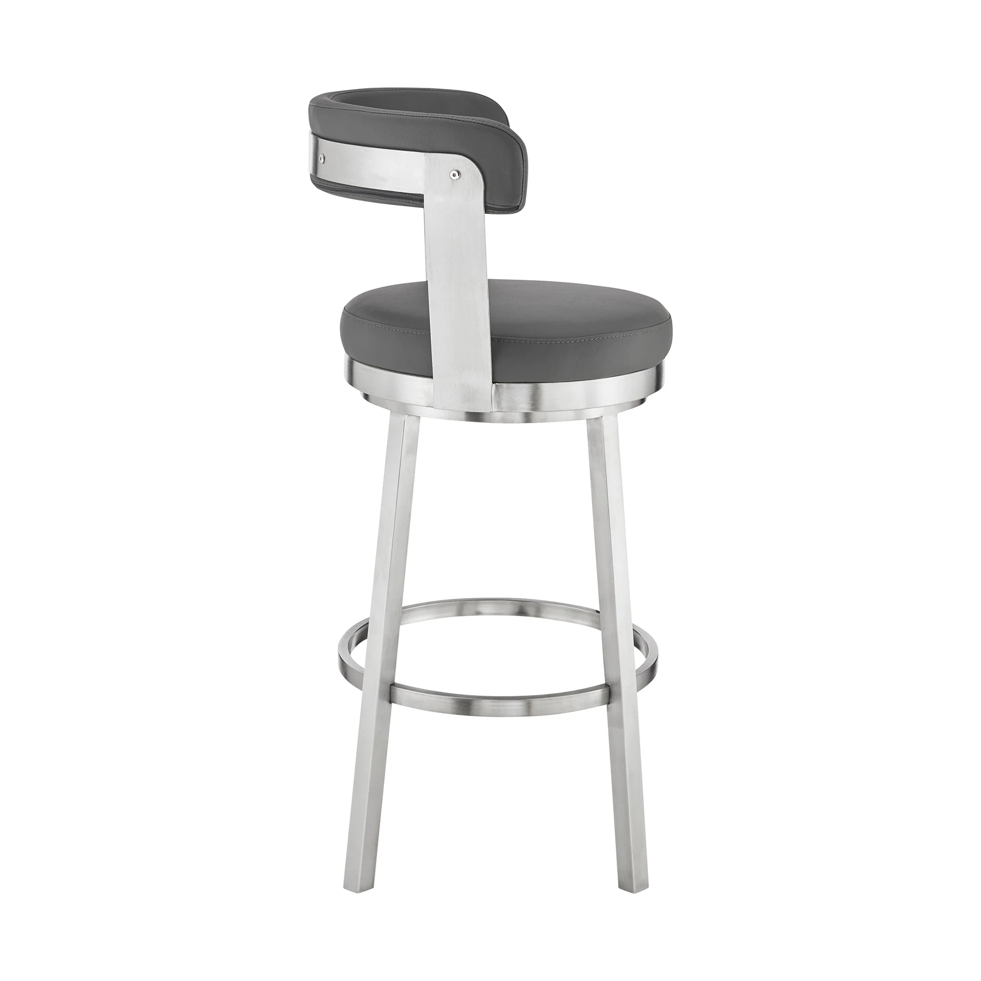 Bryant 30" Bar Height Swivel Bar Stool in Brushed Stainless Steel Finish and Gray Faux Leather By Armen Living - Image 4