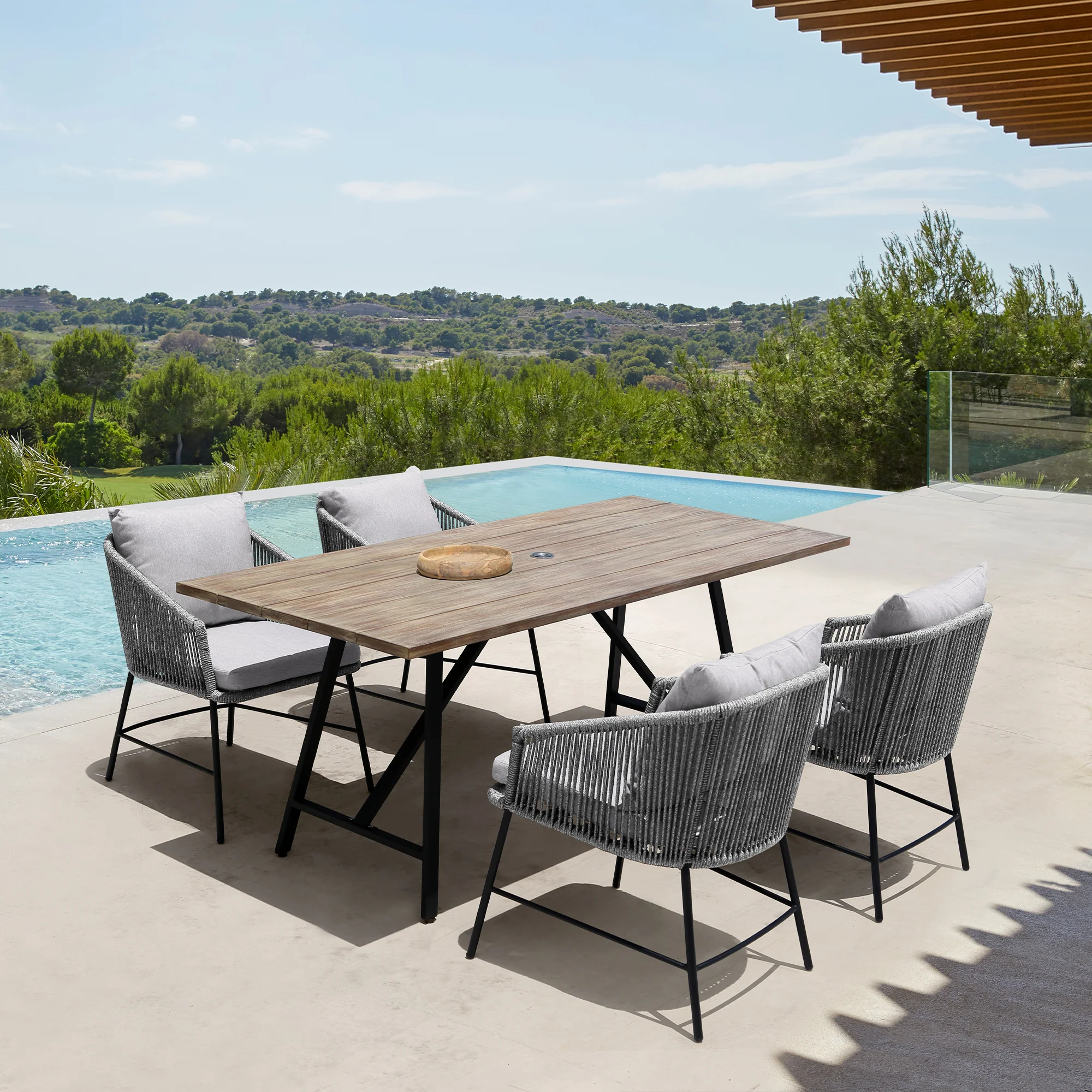 Calica Outdoor Patio Dining Chair in Black Metal and Grey Rope By Armen Living - Image 3