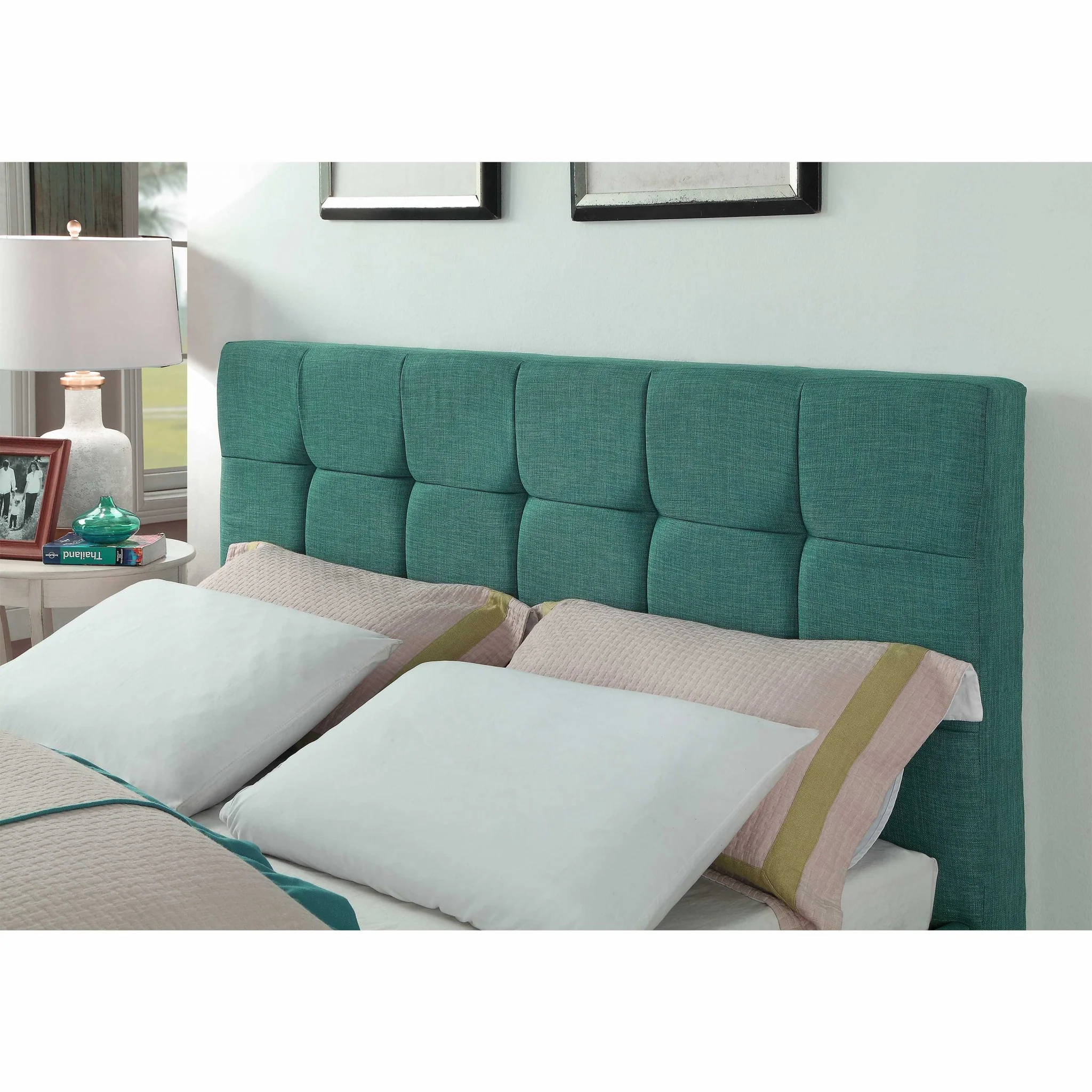 California King Blue Modern Upholstered Square Stitched Platform Bed By Homeroots - Image 3