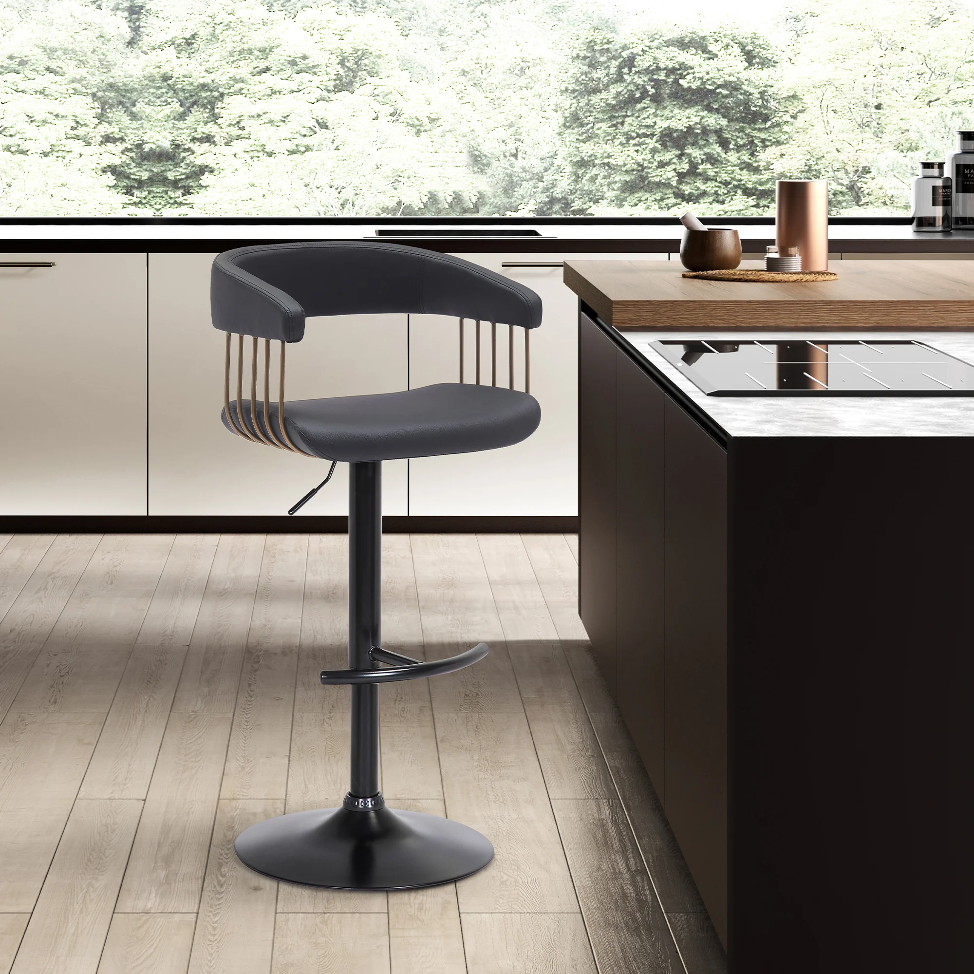 Calista Adjustable Bar Stool in Black Faux Leather with Golden Bronze and Black Metal By Armen Living