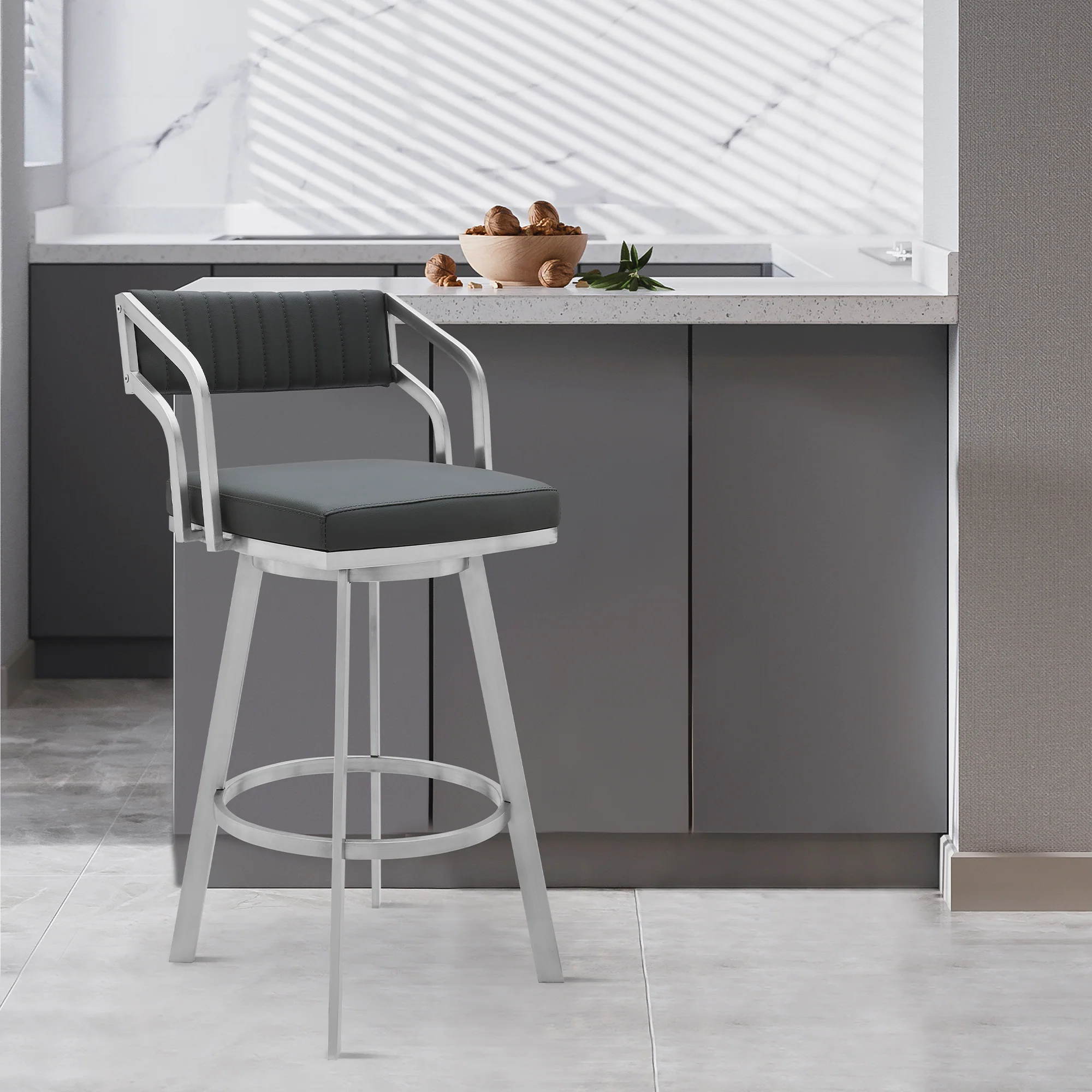 Capri 30" Swivel Modern Metal and Slate Gray Faux Leather Bar and Counter Stool By Armen Living