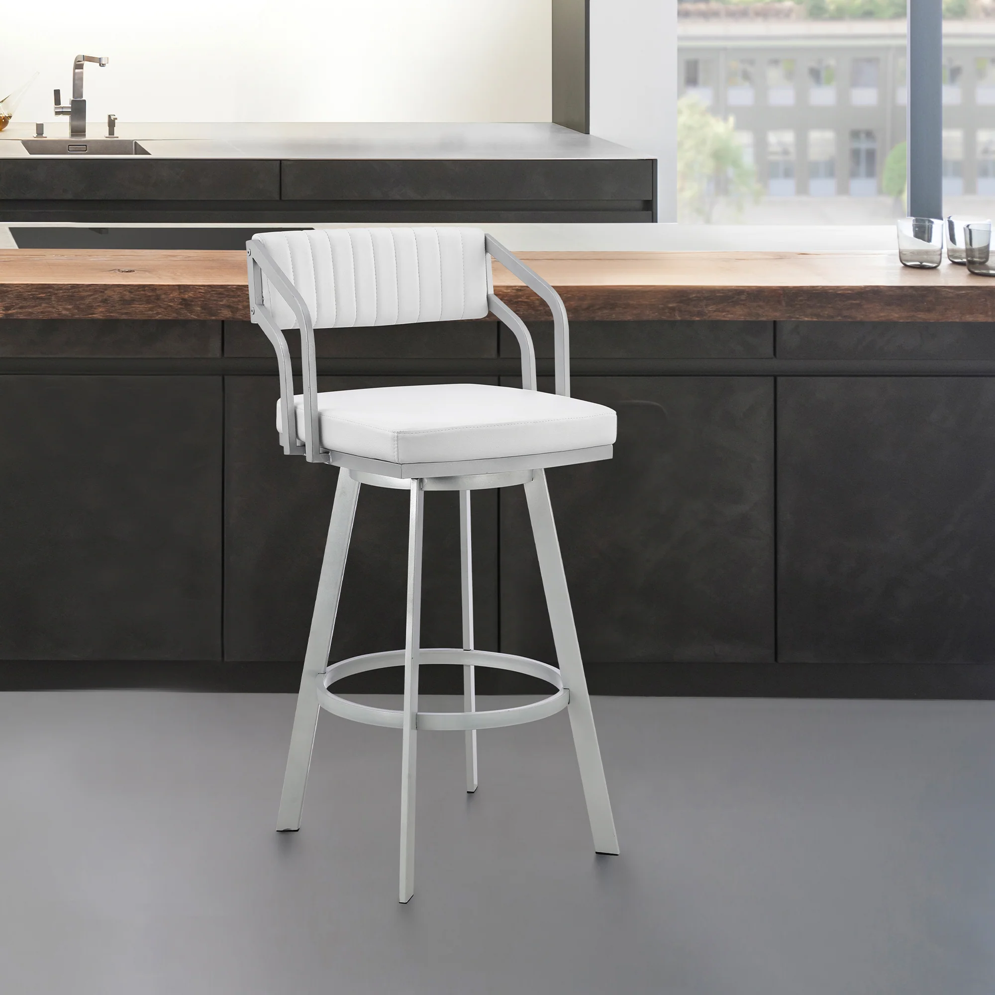 Capri 30" Swivel White Faux Leather and Silver Metal Bar Stool By Armen Living