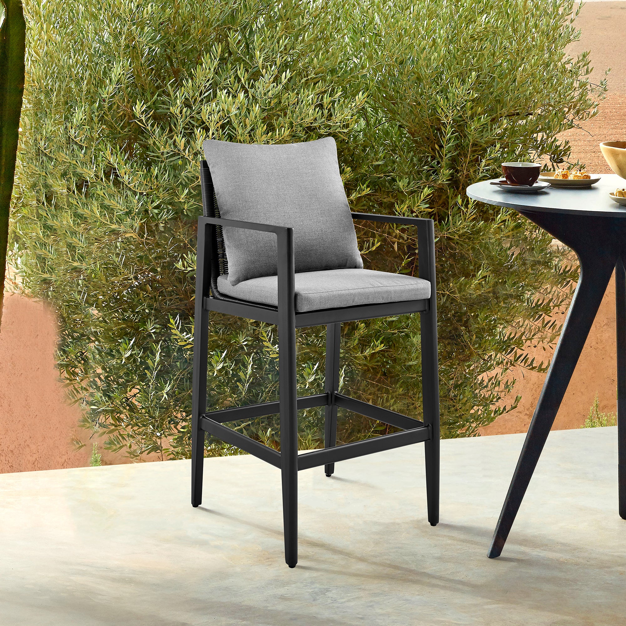 Cayman Outdoor Patio Counter Height Bar Stool in Aluminum with Gray Cushions By Armen Living