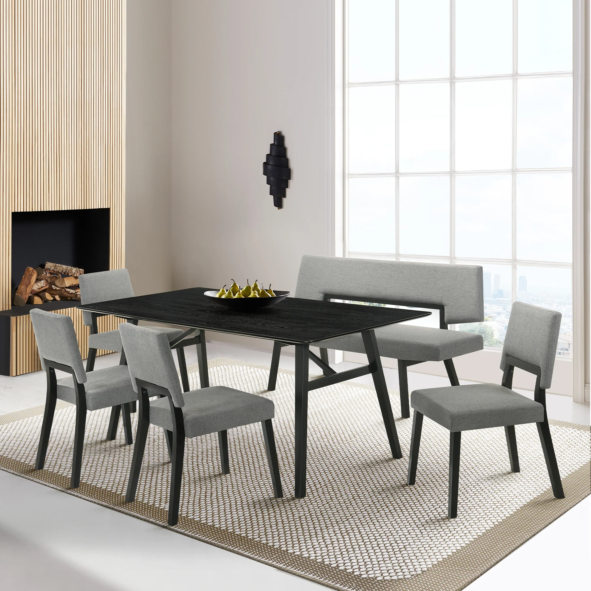 Channell Wood Dining Bench in Black Finish with Charcoal Fabric By Armen Living - Image 2