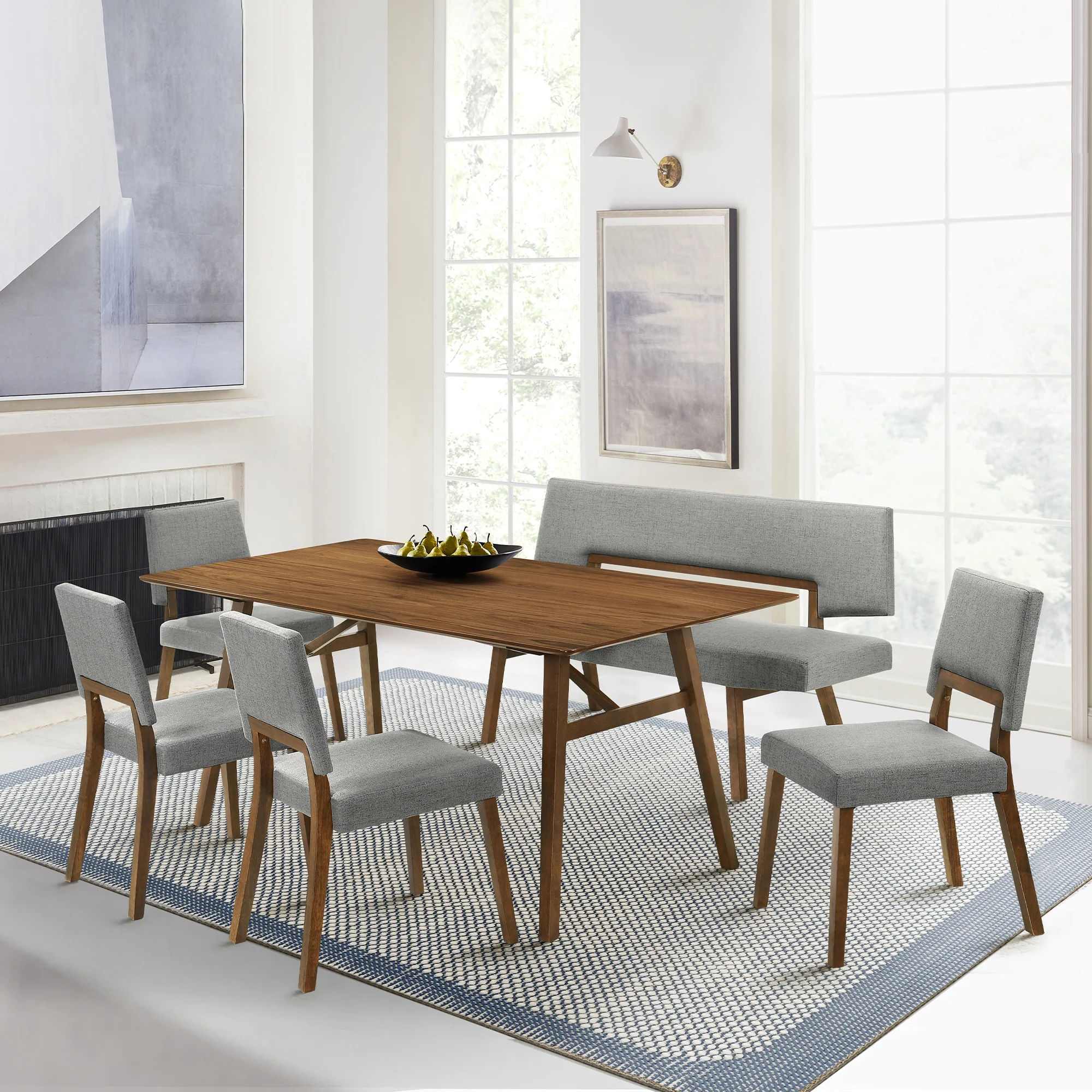 Channell Wood Dining Bench in Walnut Finish with Blue Fabric By Armen Living - Image 18