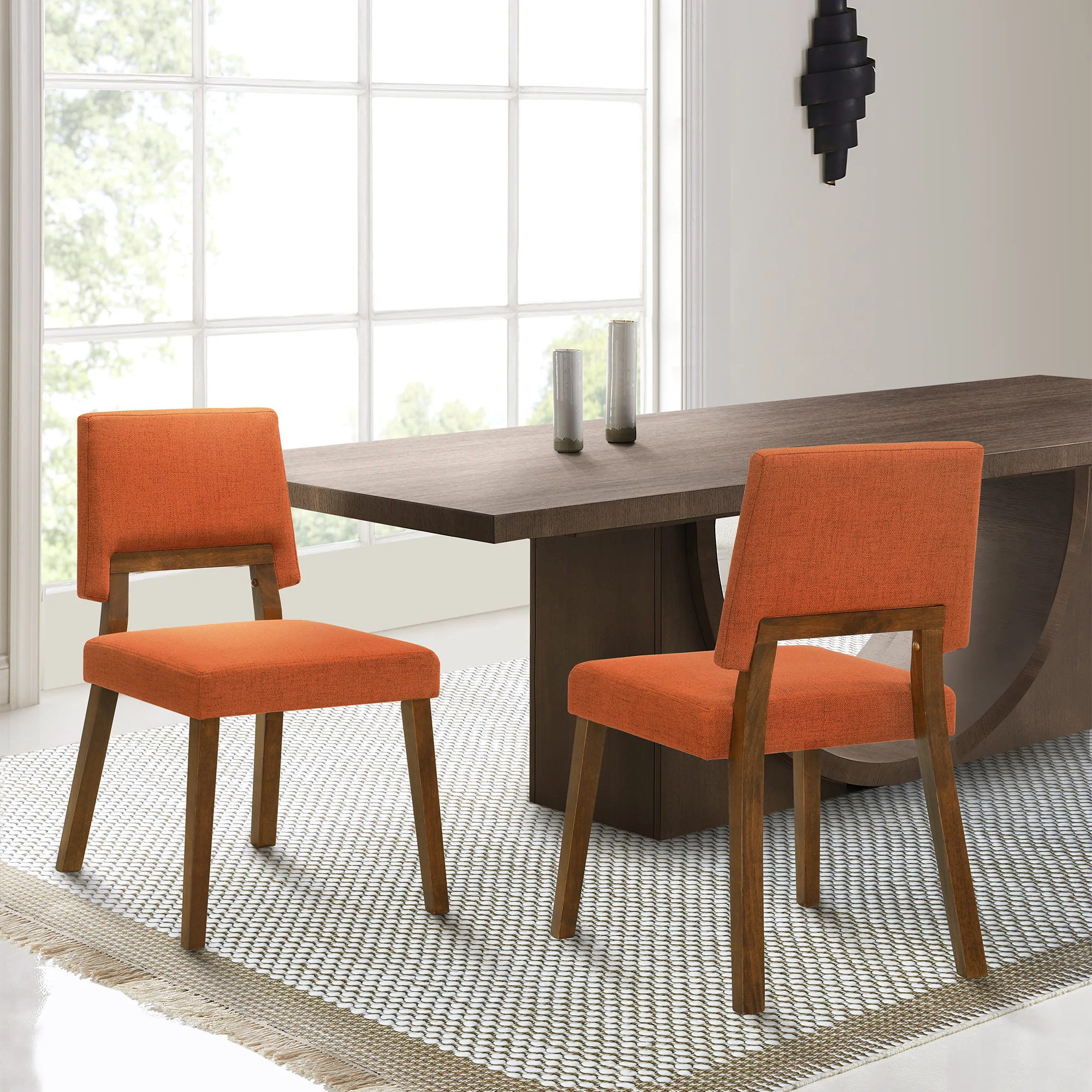 Channell Wood Dining Chair in Walnut Finish with Orange Fabric - Set of 2 By Armen Living