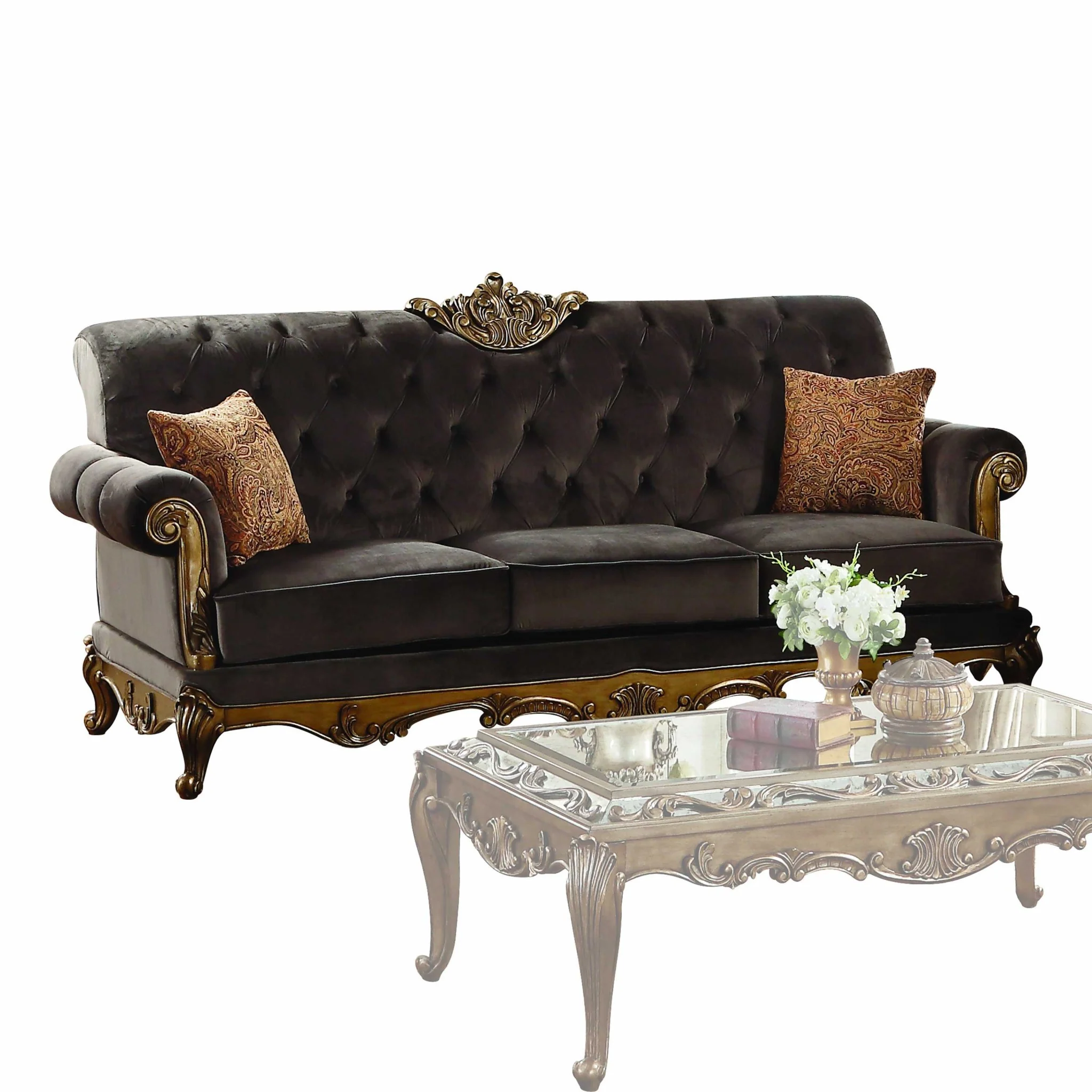 Charcoal Fabric Antique Gold Upholstery Wood LegBase Sofa w Pillows By Homeroots