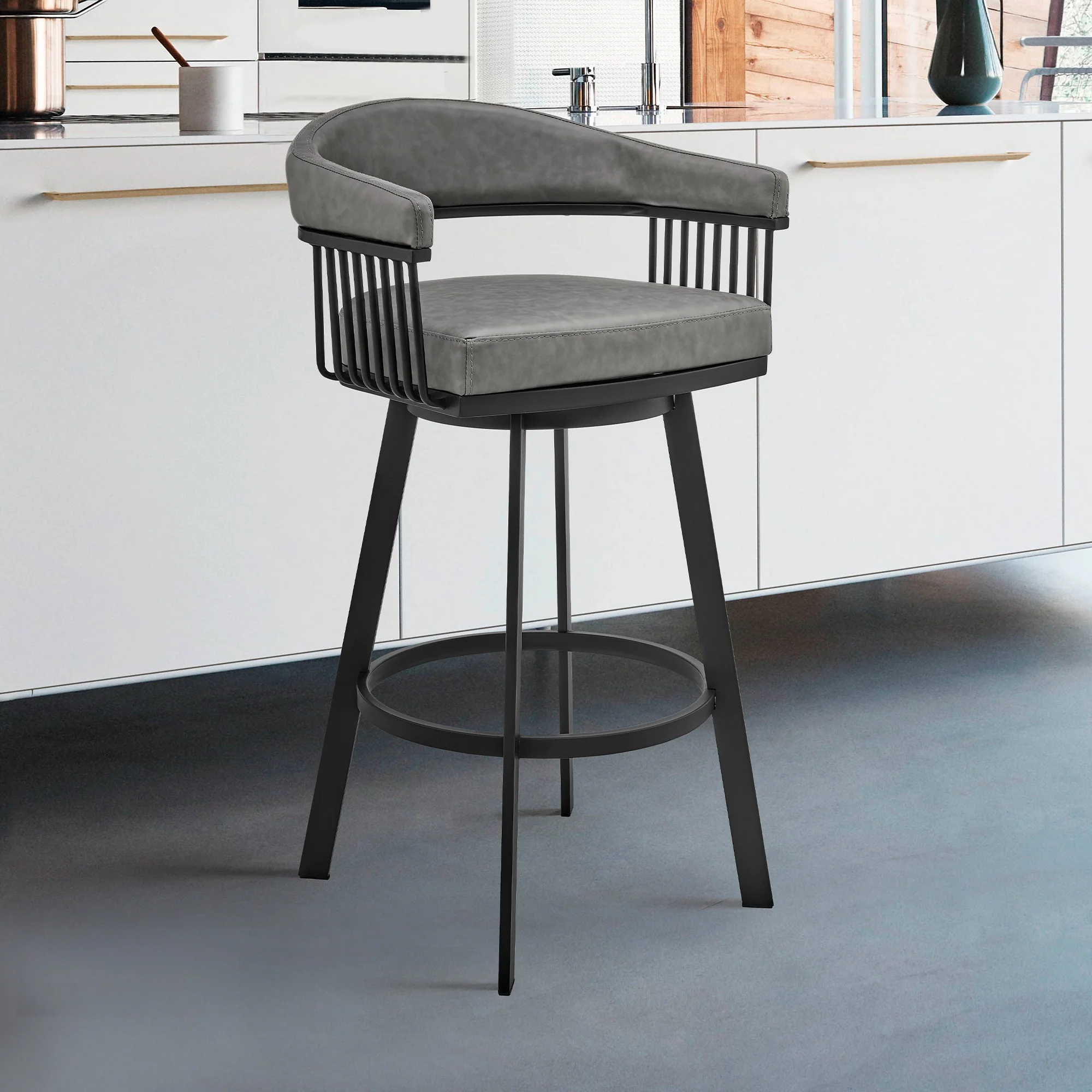 Chelsea 26" Counter Height Swivel Bar Stool in Black Finish and Gray Faux Leather By Armen Living