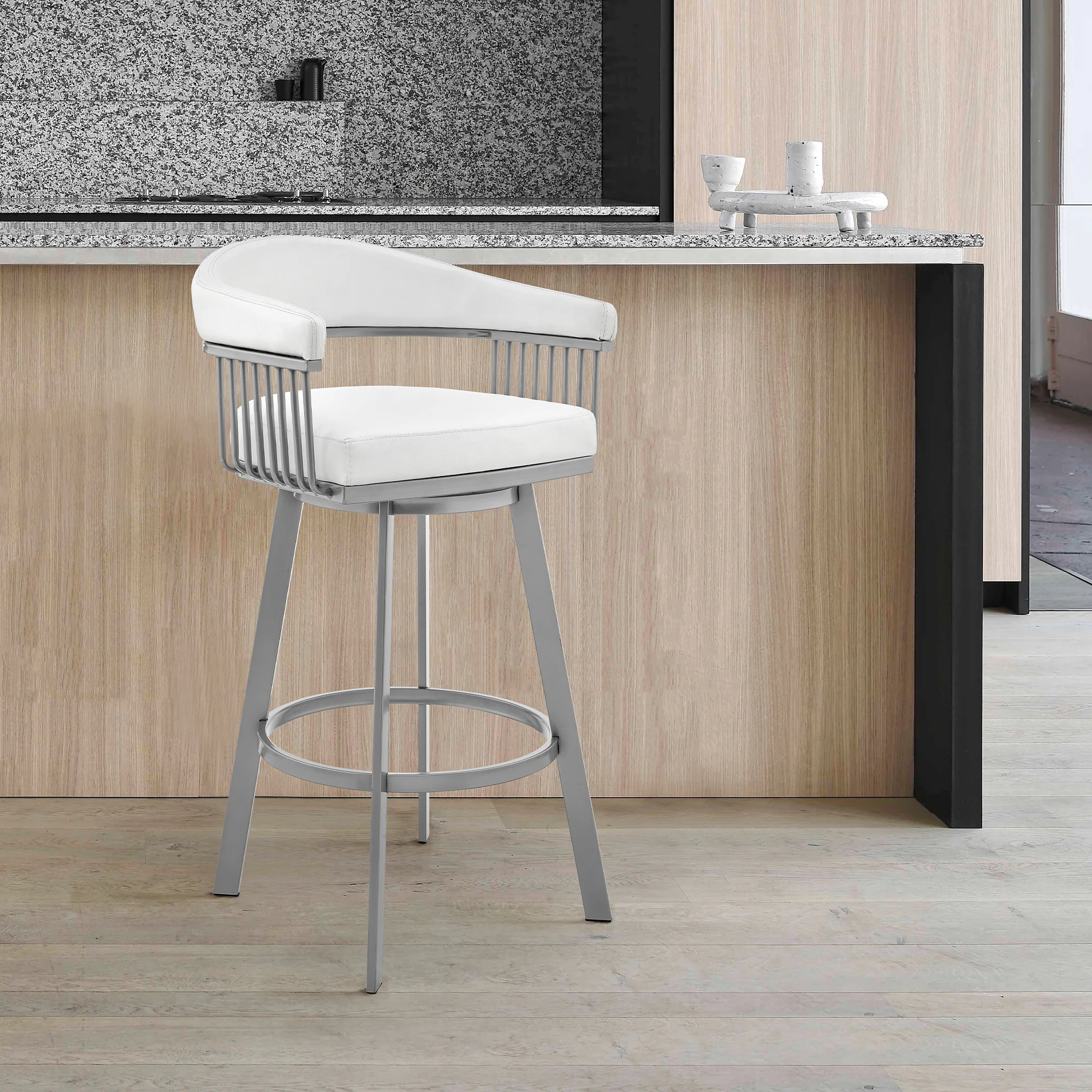 Chelsea 26" Counter Height Swivel Bar Stool in Silver Finish and White Faux Leather By Armen Living
