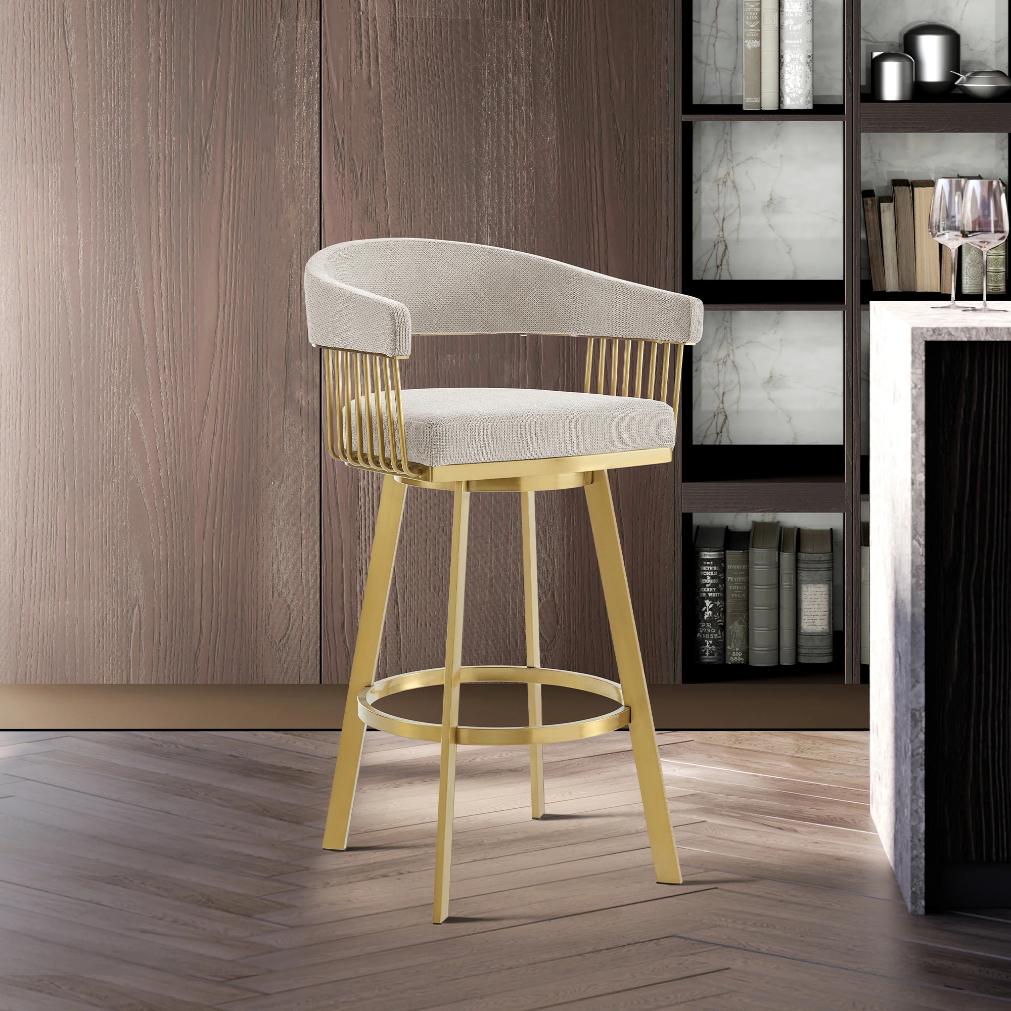 Chelsea 26" Swivel Counter Stool with Gold Brushed Stainless Steel and Taupe Fabric By Armen Living
