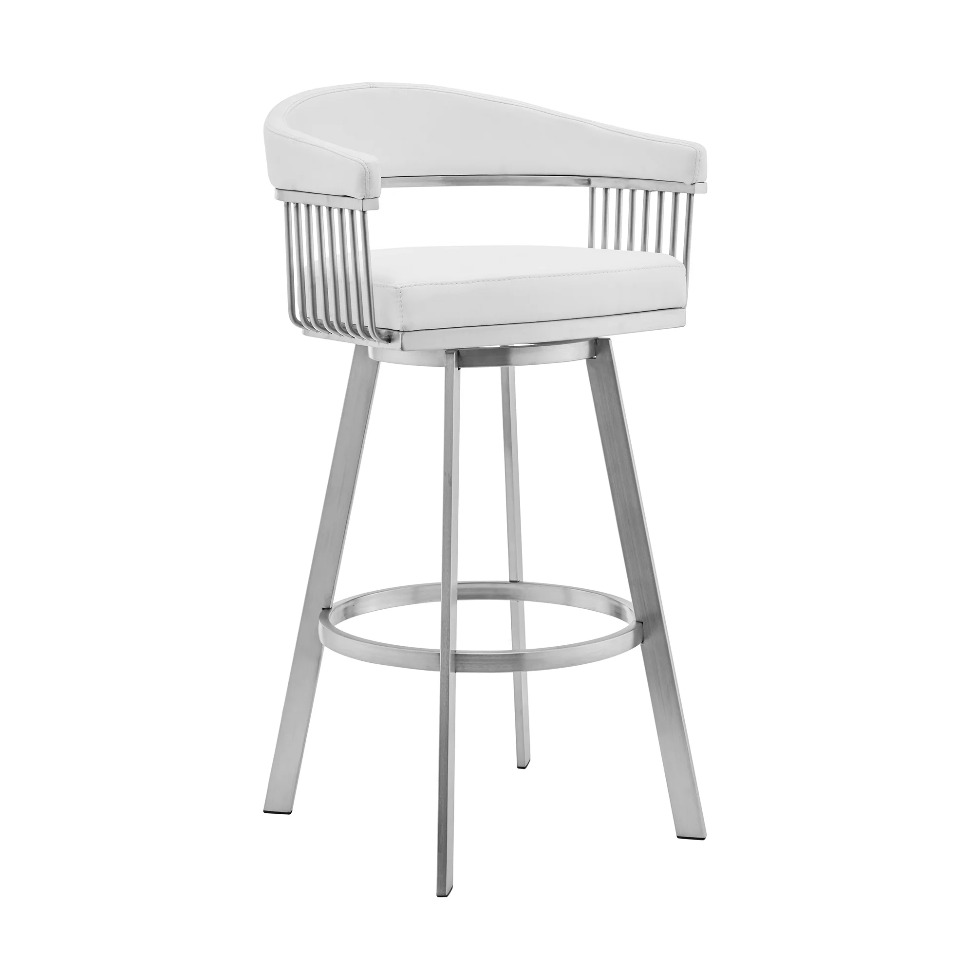Chelsea 26" White Faux Leather and Brushed Stainless Steel Swivel Bar Stool By Armen Living - Image 2
