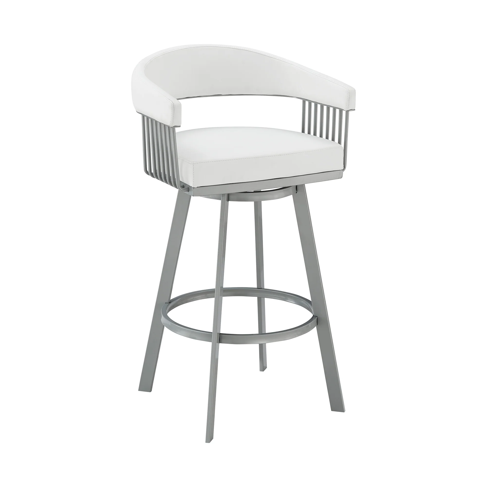 Chelsea 30" Bar Height Swivel Bar Stool in Silver finish and White Faux Leather By Armen Living - Image 2