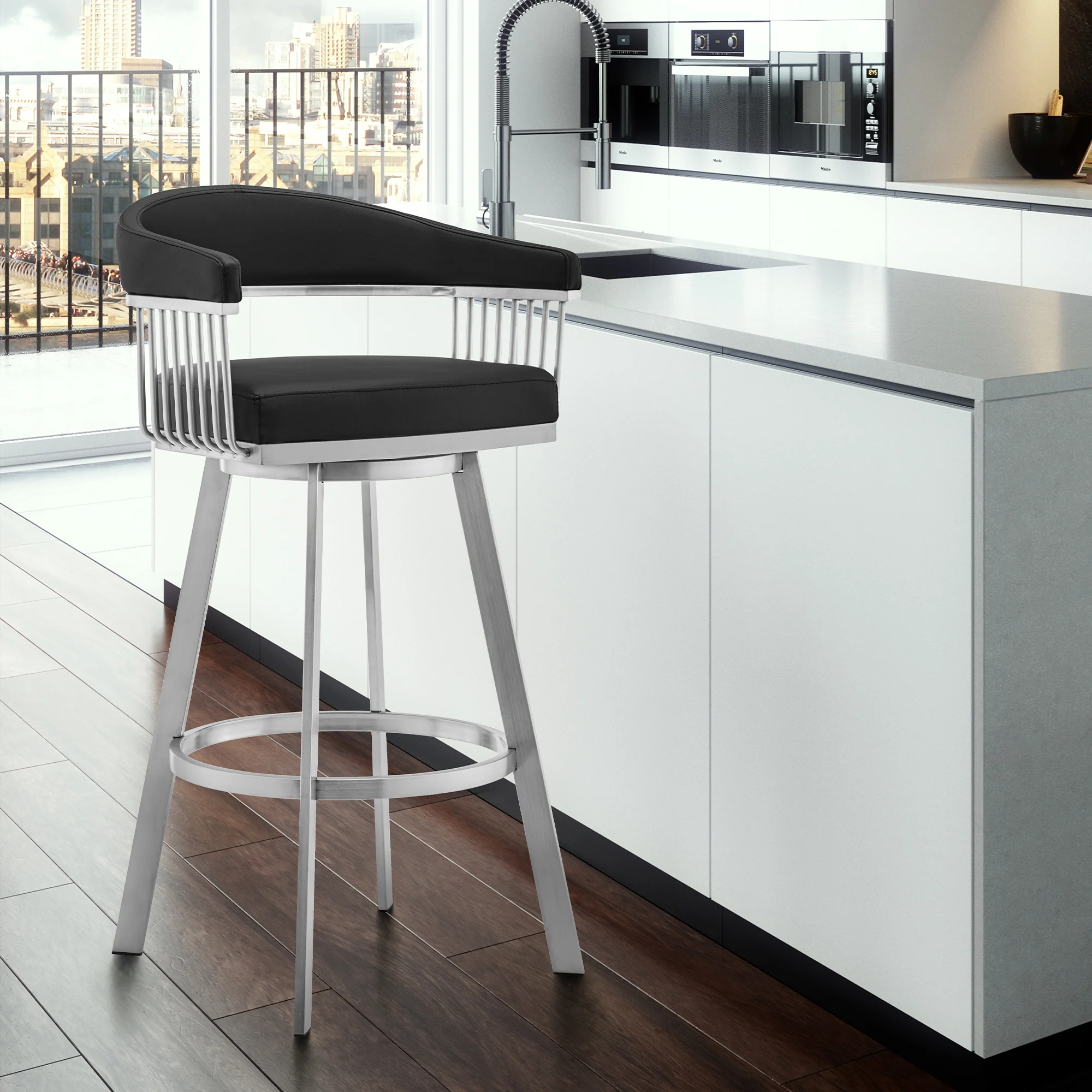 Chelsea 30" Black Faux Leather and Brushed Stainless Steel Swivel Bar Stool By Armen Living