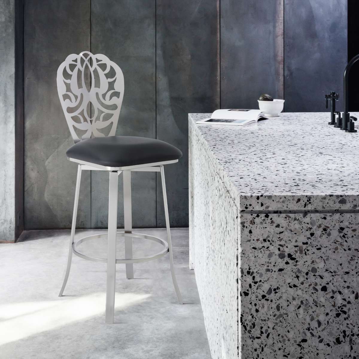 Cherie Contemporary 26" Counter Height Barstool in Brushed Stainless Steel Finish and Black Faux Leather By Armen Living