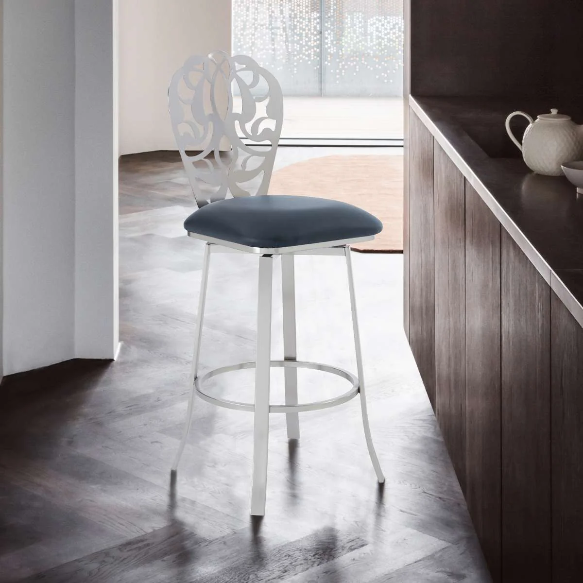 Cherie Contemporary 26" Counter Height Barstool in Brushed Stainless Steel Finish and Gray Faux Leather By Armen Living