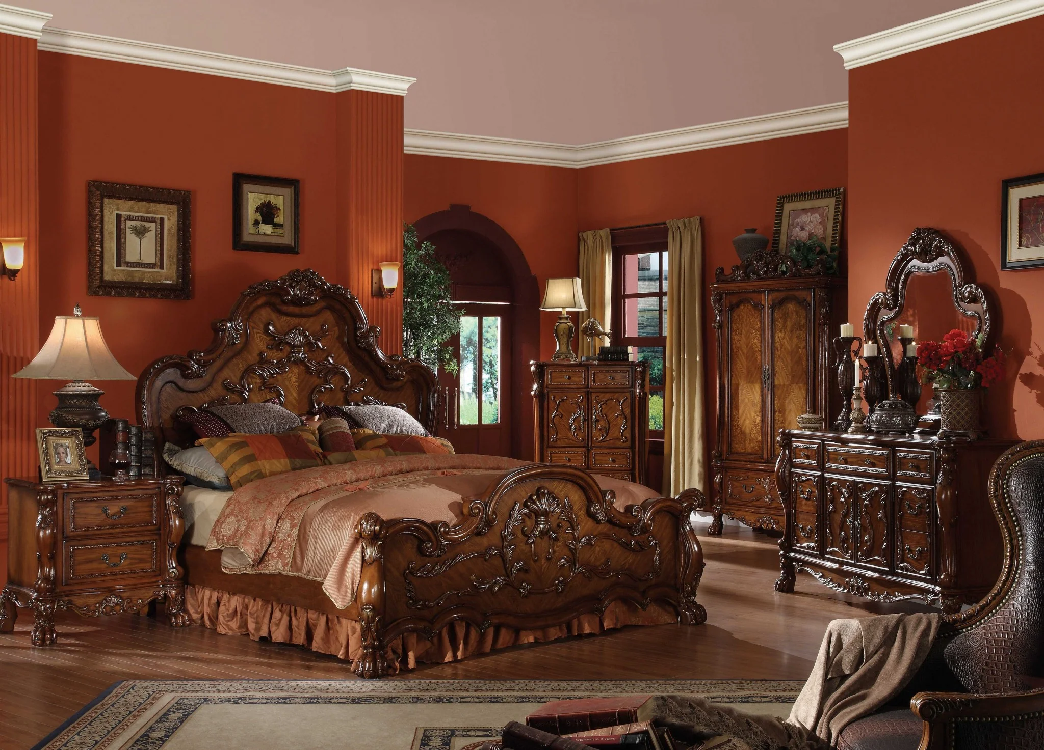 Cherry Oak Wood Poly Resin Queen Bed By Homeroots - 346998