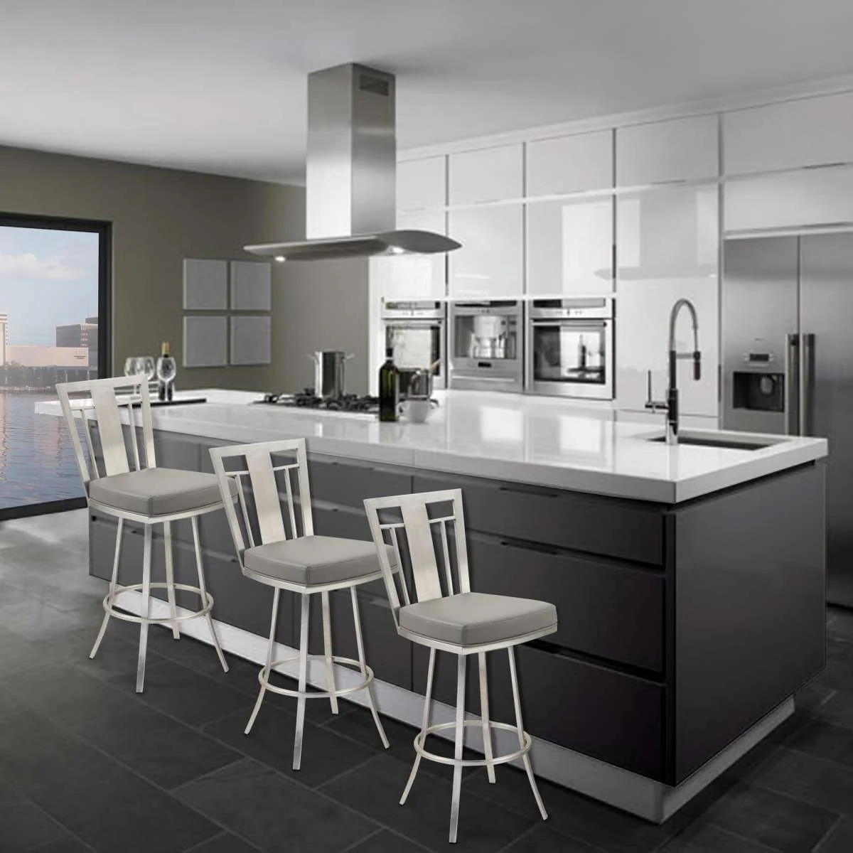 Cleo 26" Modern Swivel Barstool In Gray and Stainless Steel By Armen Living