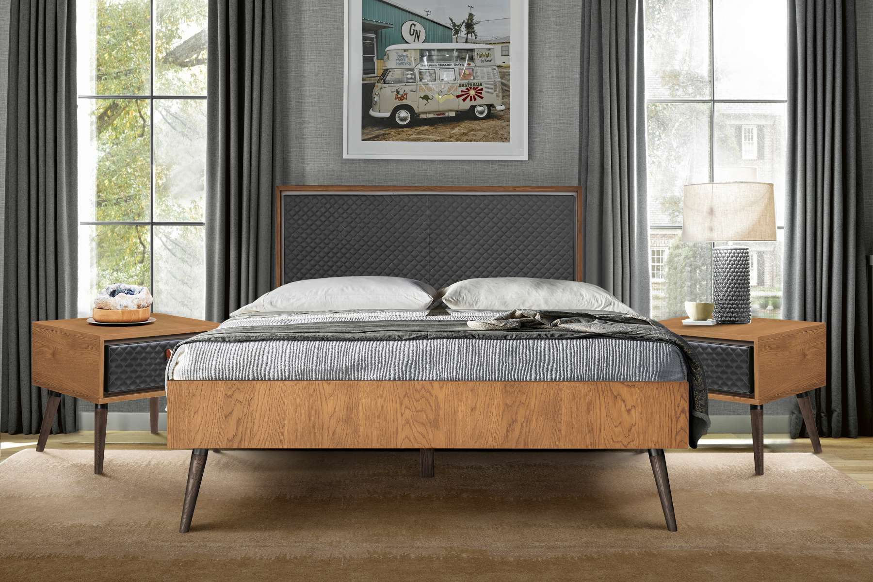 Coco Rustic 3 Piece Upholstered Platform Bedroom set in Queen with 2 Nightstands By Armen Living
