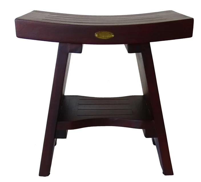 Compact Curviliniear Teak Shower Outdoor Bench with Shelf in Brown Finish By Homeroots