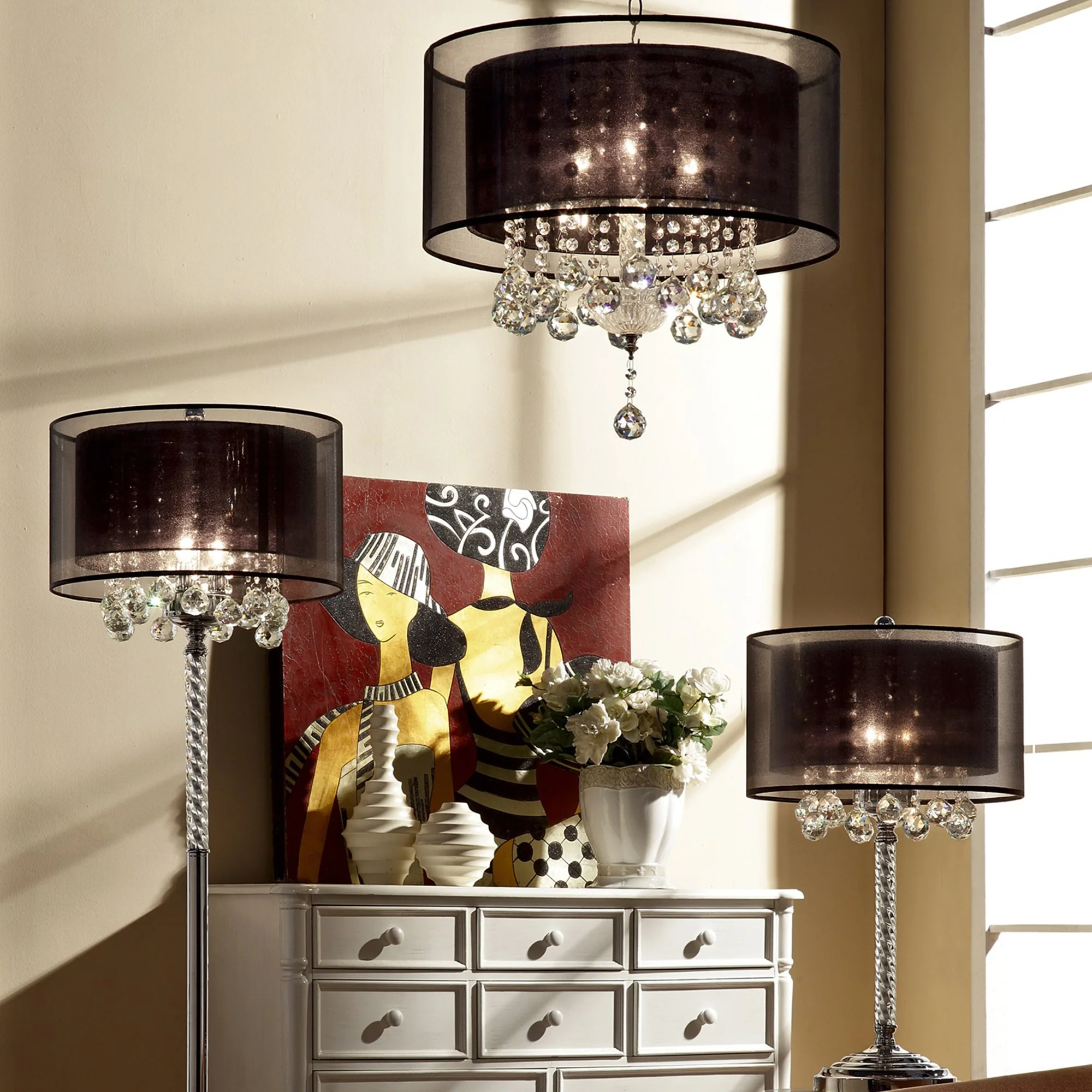 Contempo Silver Floor Lamp with Black Shade and Crystal Accents By Homeroots
