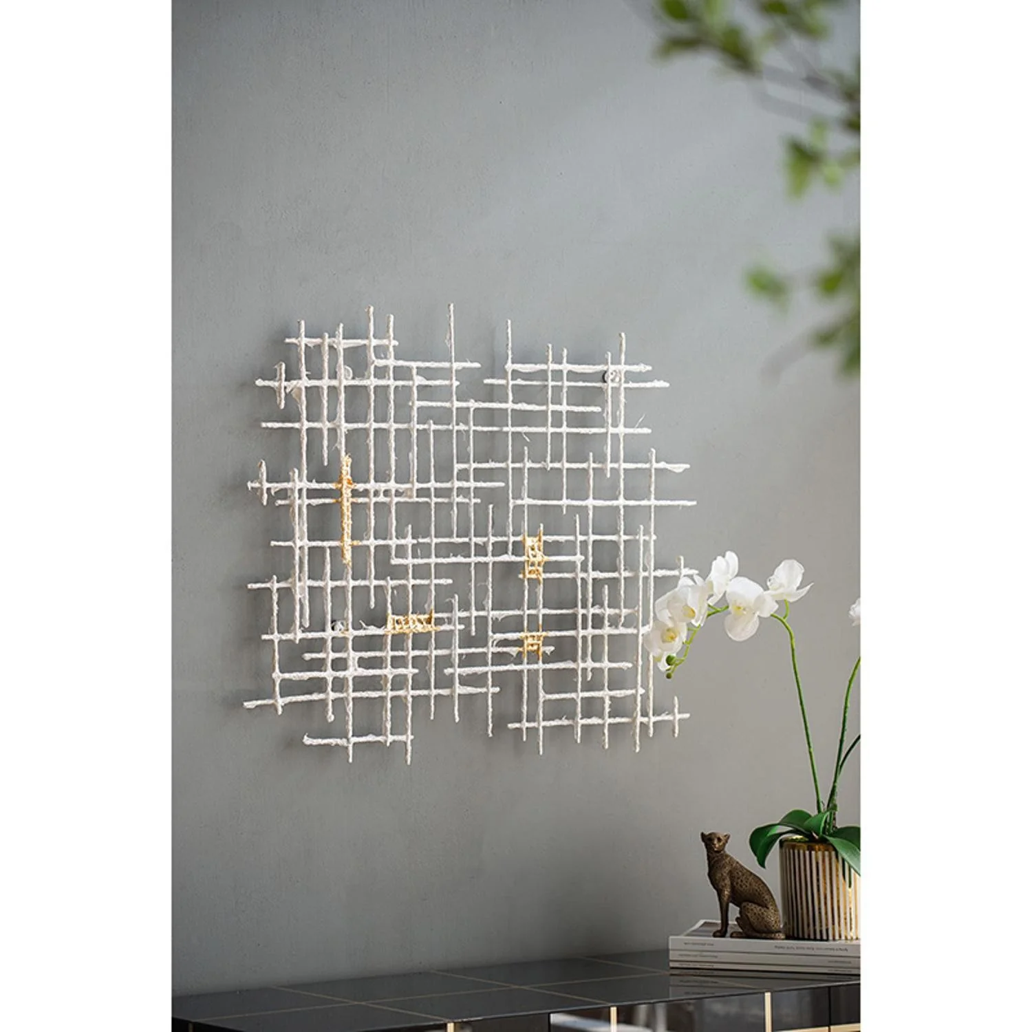 Contemporary Large White and Gold Geo Grid Wall Art By Homeroots