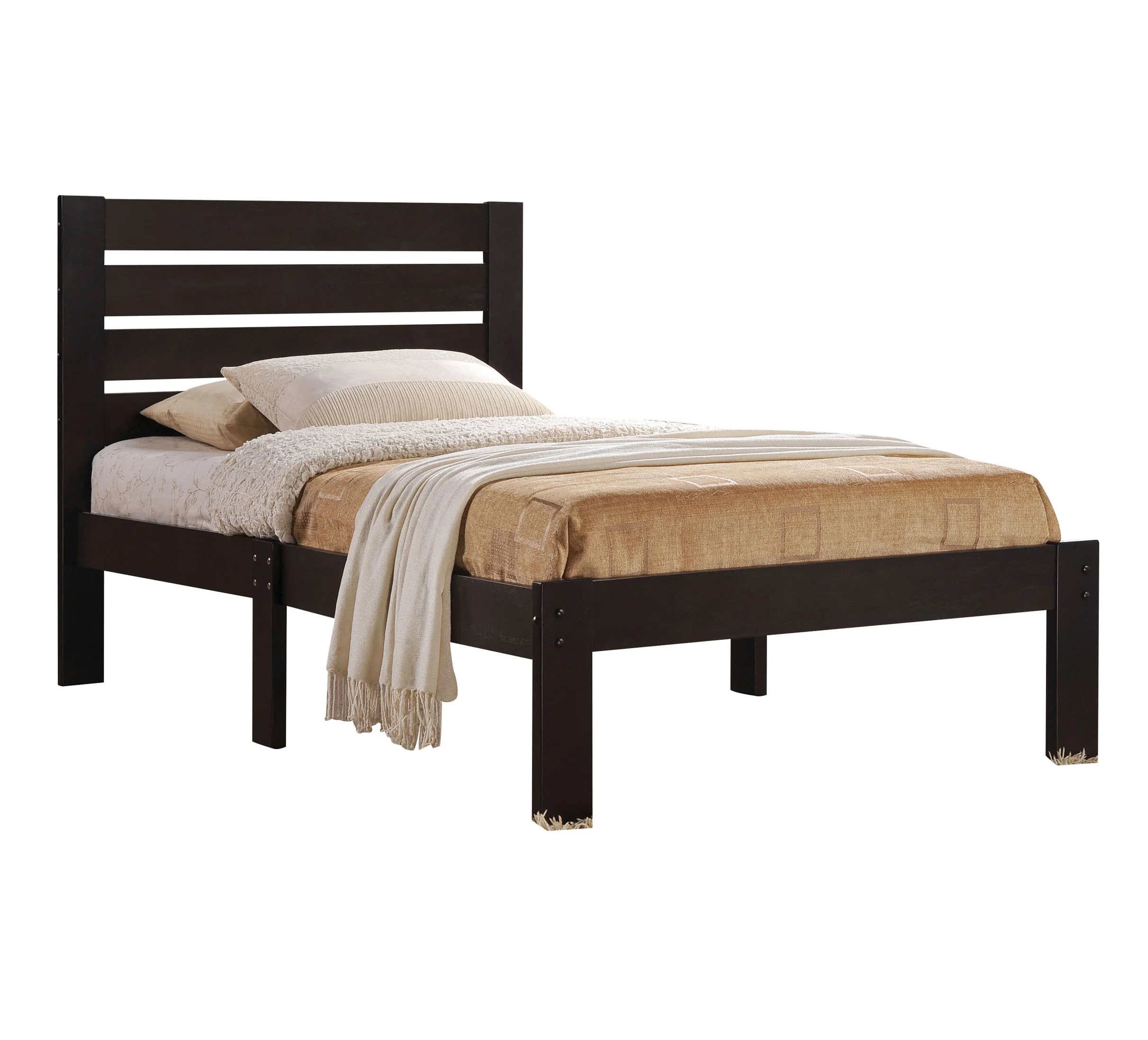 Contemporary Style Wooden Twin Size Bed With Slatted Headboard, Brown By Benzara