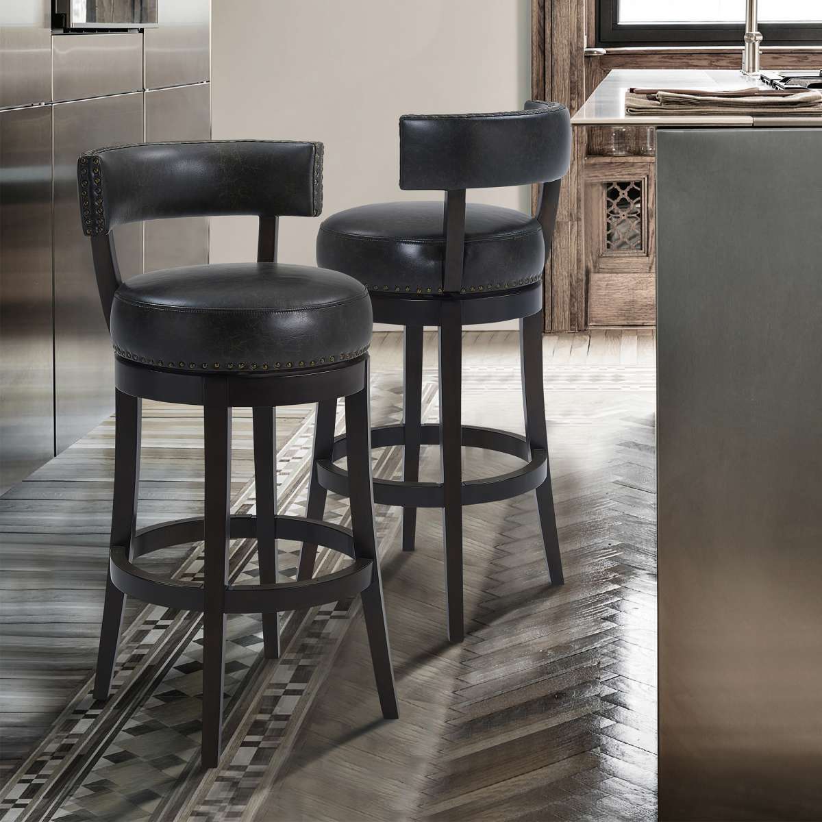 Corbin 26" Counter Height Swivel Onyx Faux Leather and Espresso Wood Bar Stool By Armen Living