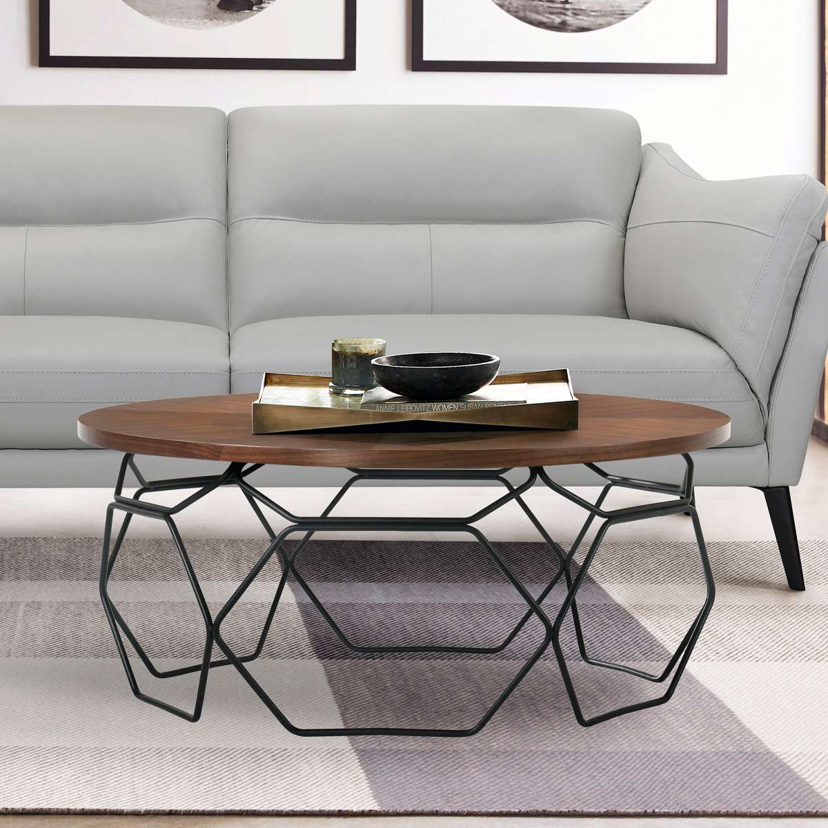 Cosmo Walnut Veneer Coffee Table with Black Metal Base By Armen Living