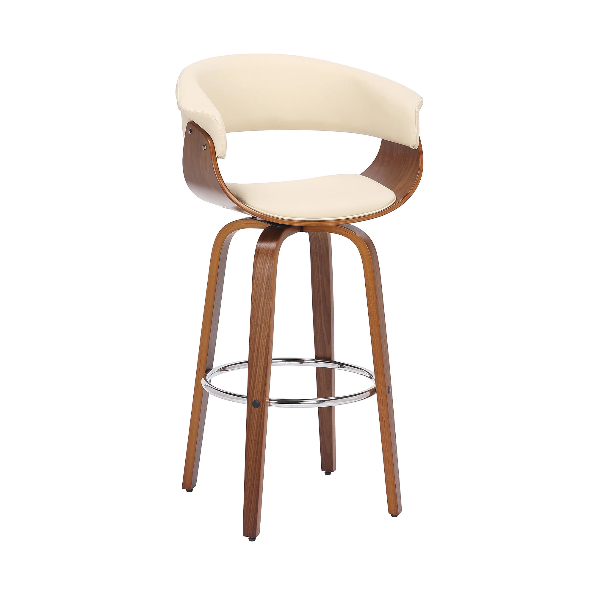 Cream and Brown Faux Leather and Solid Wood Low Back Counter Height Swivel Bar Chair By Homeroots - Image 3
