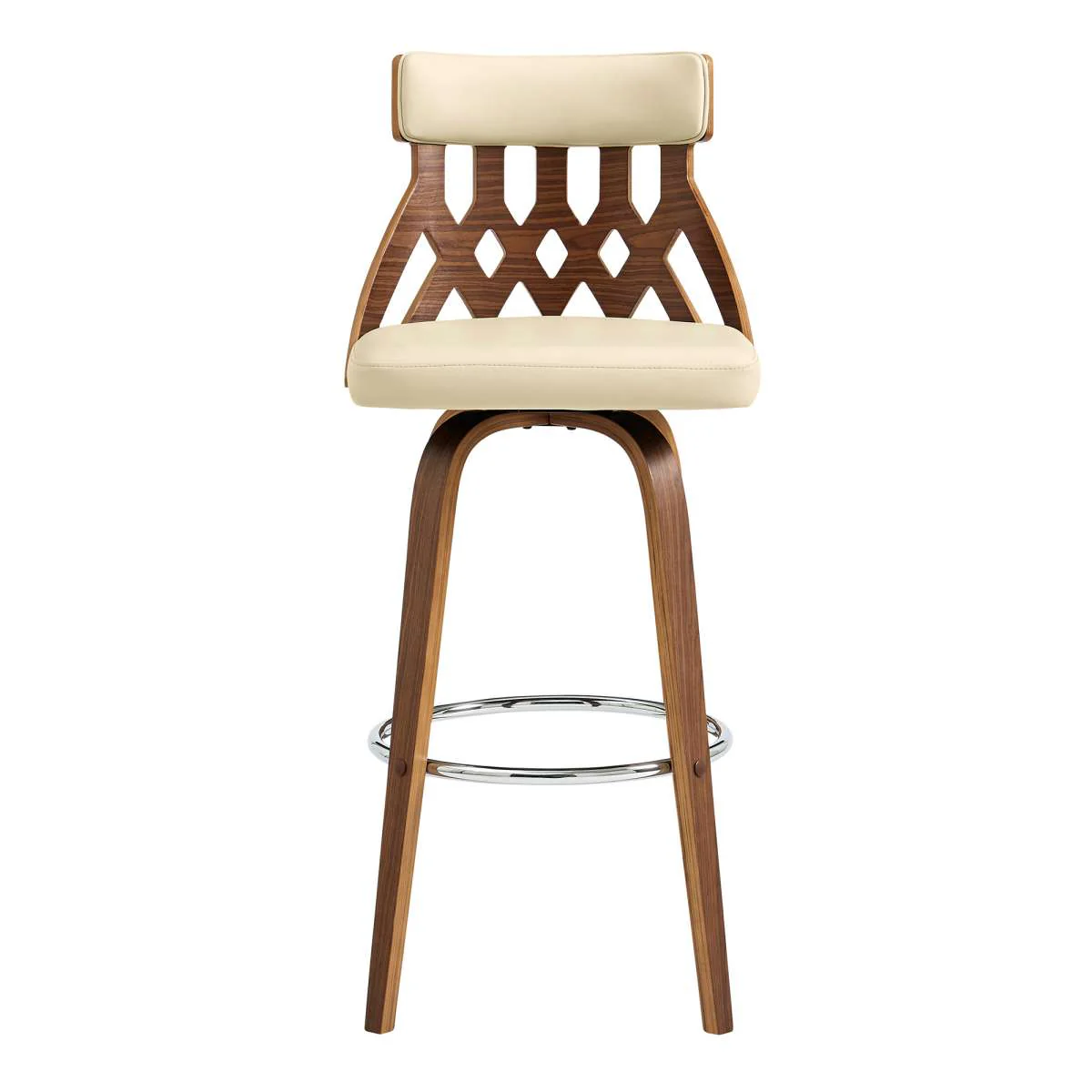 Crux 26" Swivel Bar Stool in Cream Faux Leather and Walnut Wood By Armen Living - Image 3