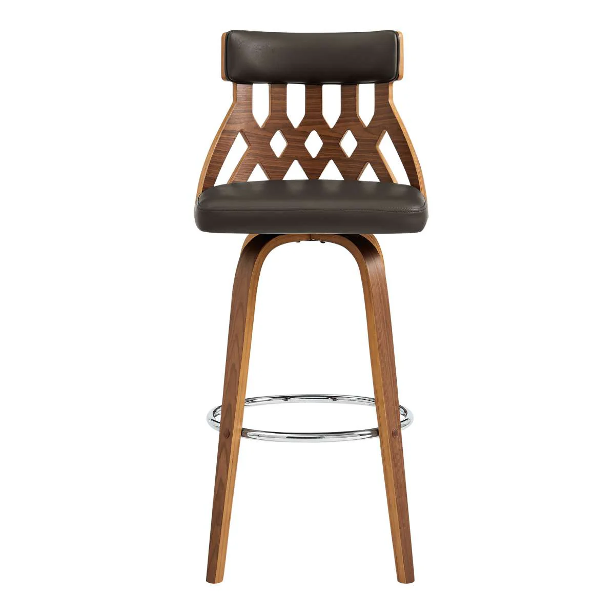 Crux 26" Swivel Counter Stool in Brown Faux Leather and Walnut Wood By Armen Living - Image 2