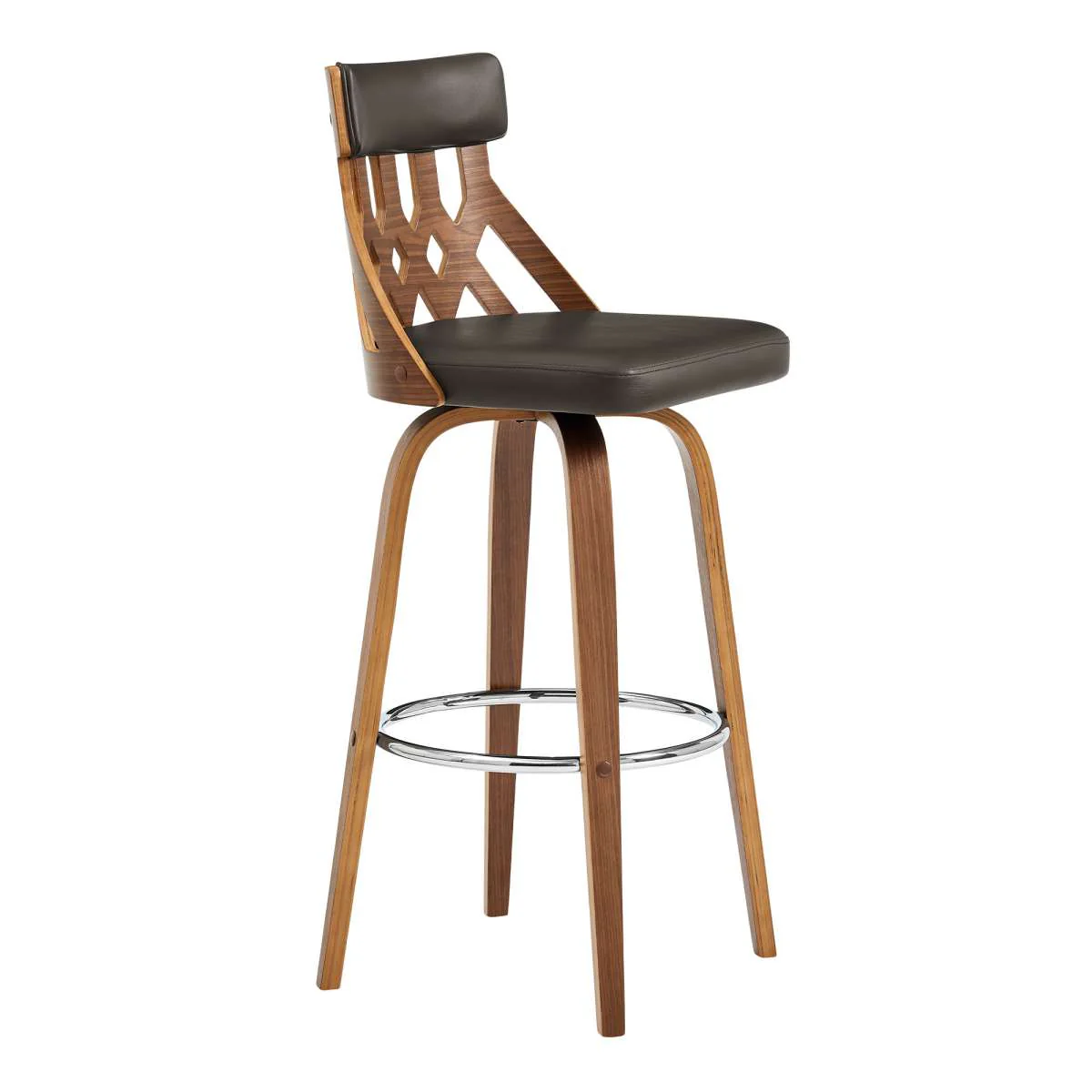 Crux 30" Swivel Bar Stool in Brown Faux Leather and Walnut Wood By Armen Living