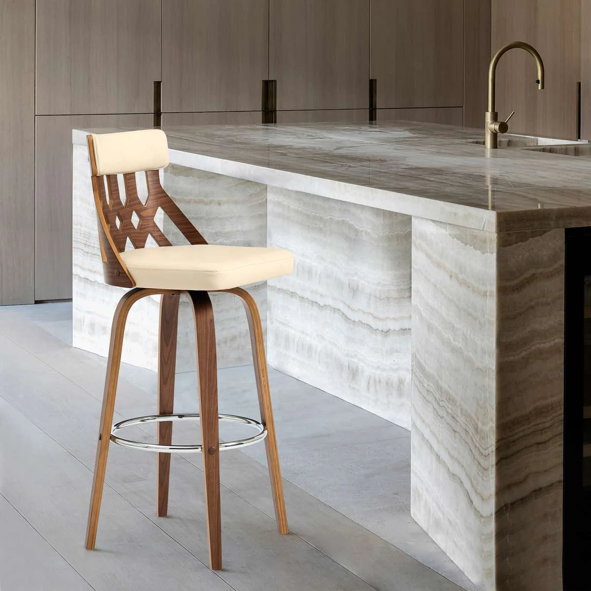 Crux 30" Swivel Bar Stool in Cream Faux Leather and Walnut Wood By Armen Living