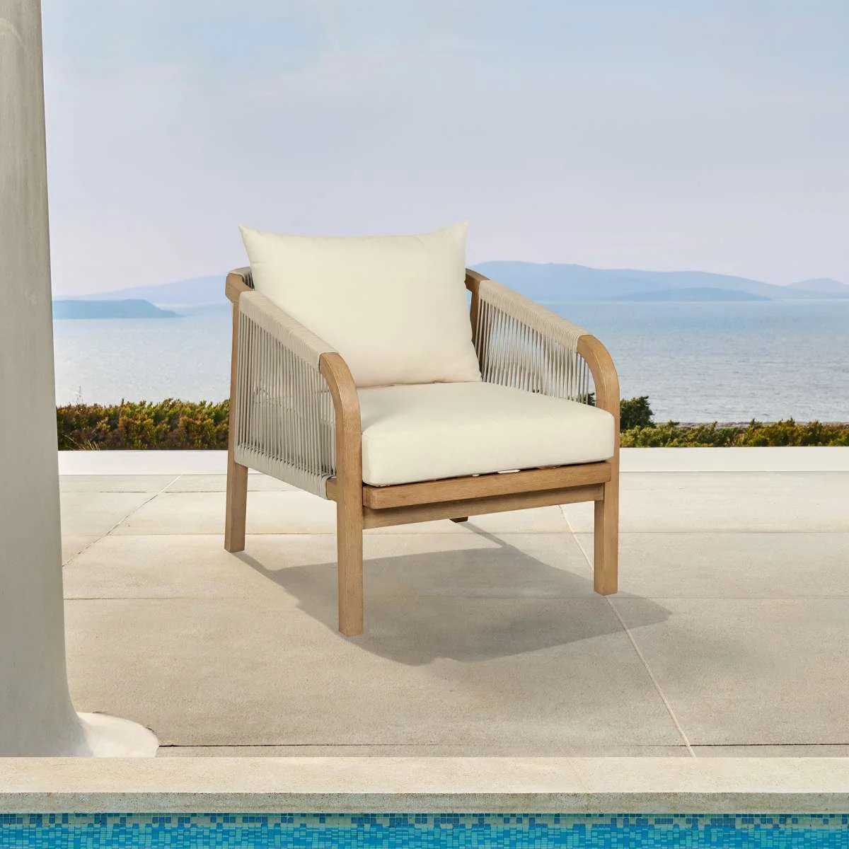 Cypress Outdoor Patio Chair in Blonde Eucalyptus Wood and Light Gray Rope with Ivory Olefin Cushions By Armen Living
