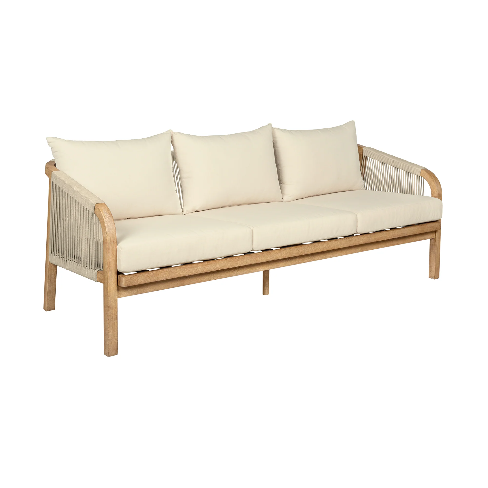 Cypress Outdoor Patio Sofa in Blonde Eucalyptus Wood and Light Gray Rope with Ivory Olefin Cushions By Armen Living - Image 4