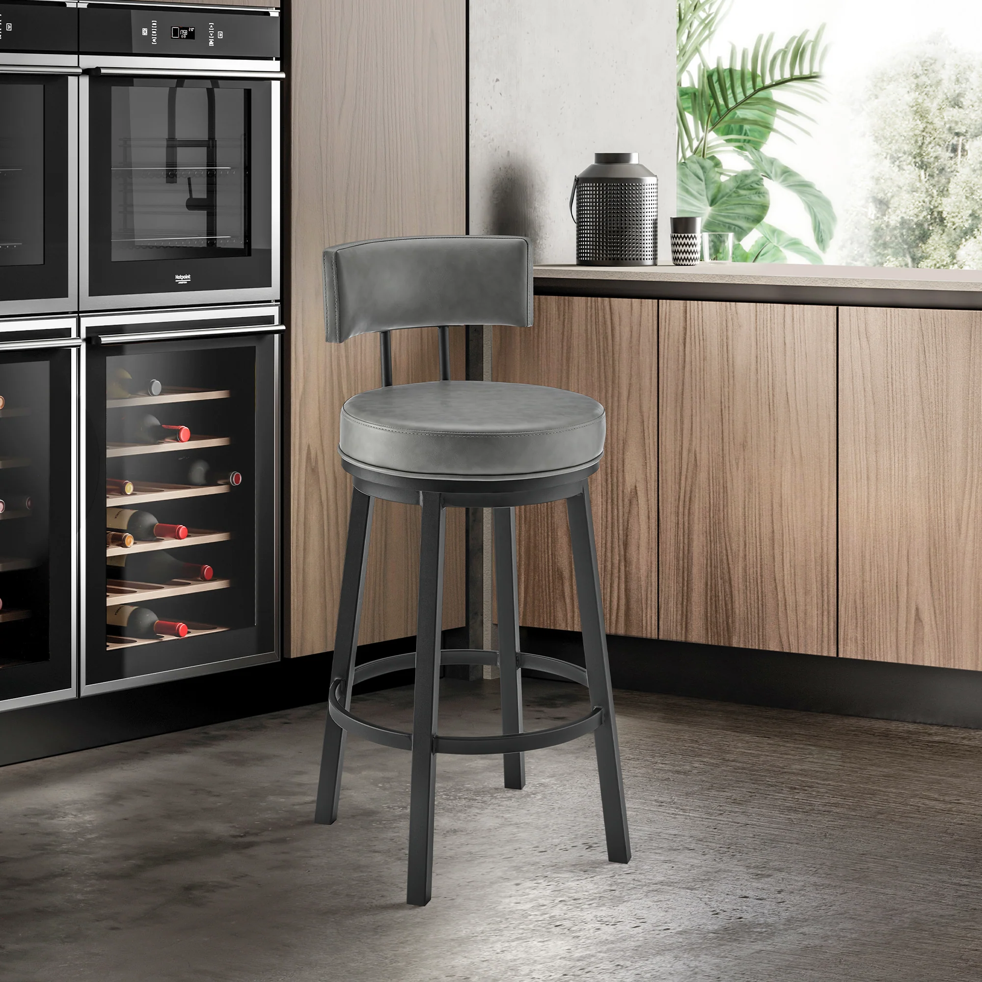 Dalza Swivel Counter or Bar Stool in Black Finish with Grey Faux Leather By Armen Living