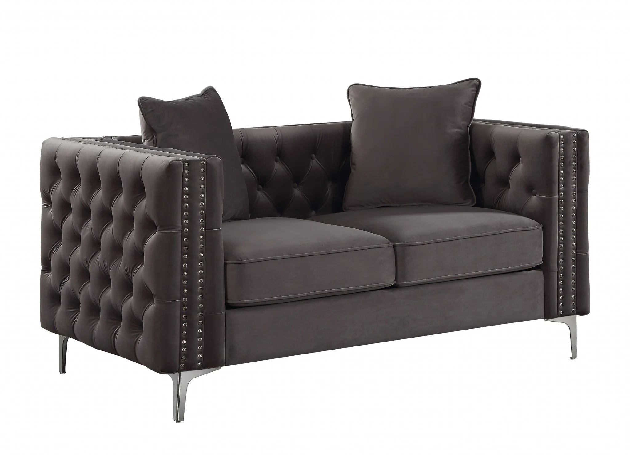 Dark Gray Velvet Loveseat w Pillows By Homeroots - 318846
