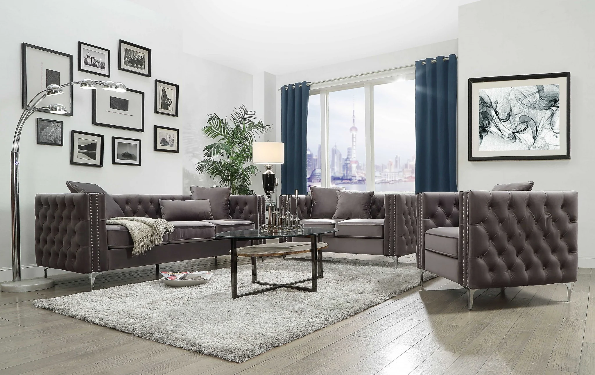 Dark Gray Velvet Loveseat w Pillows By Homeroots - 318846 - Image 2
