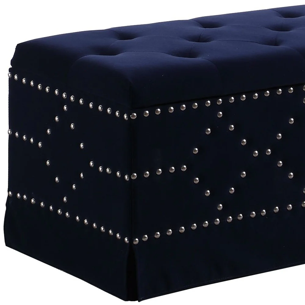 Deep Blue Velvet Nailhead Storage Bench with Ottomans By Homeroots - Image 8