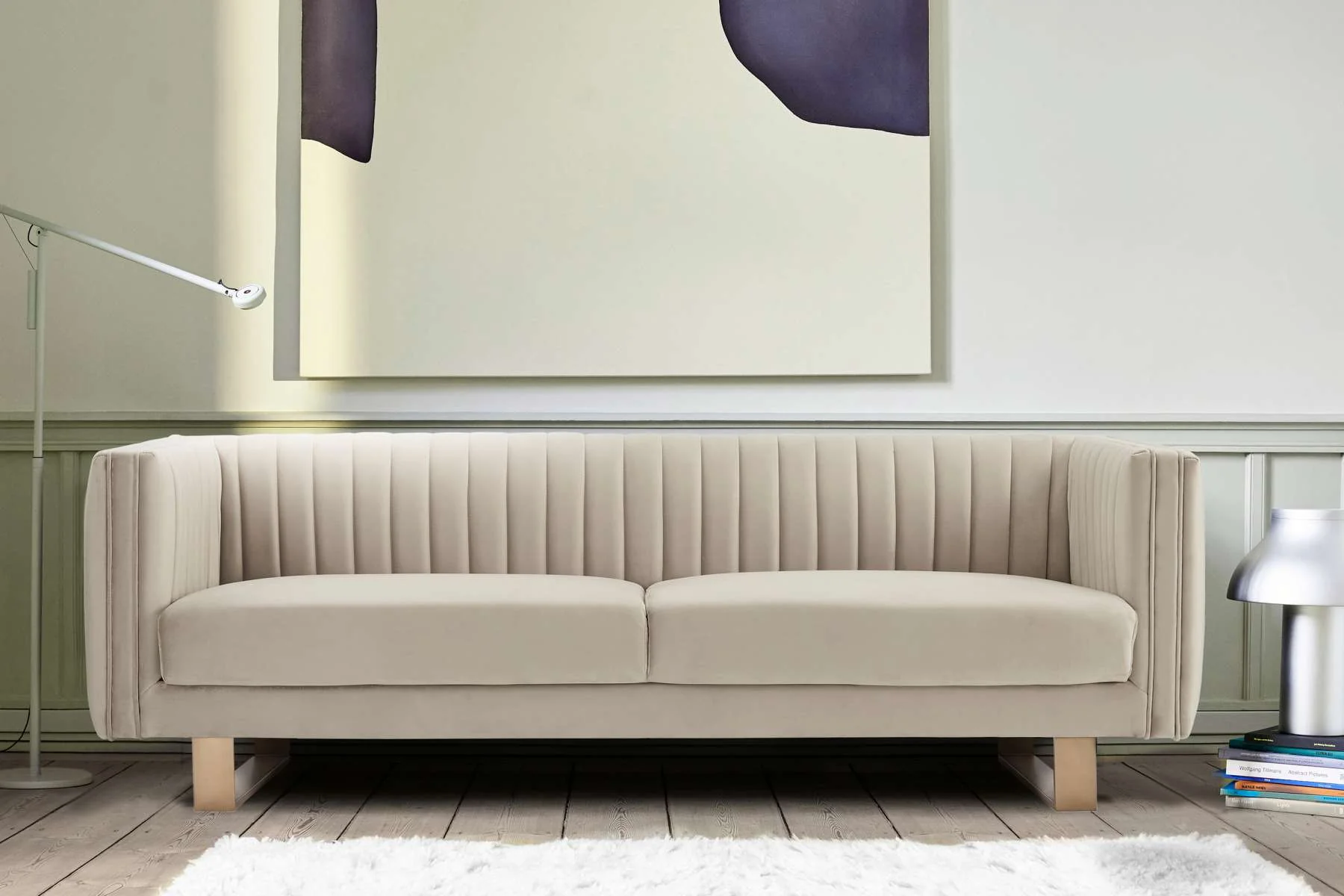 Delilah 86" Beige Velvet Square Arm Sofa with Gold Legs By Armen Living