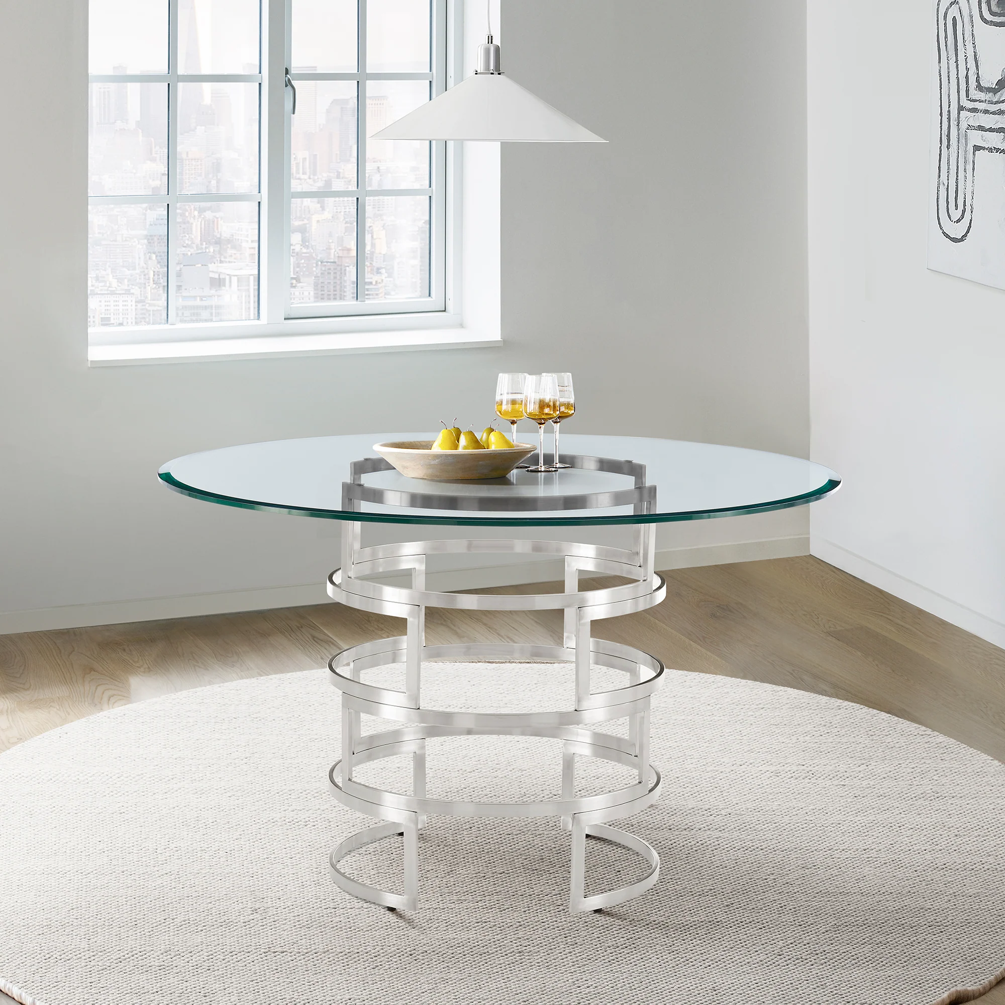 Diaz Contemporary 48" Round Dining Table with Brushed Stainless Steel Base and Glass Tabletop By Armen Living