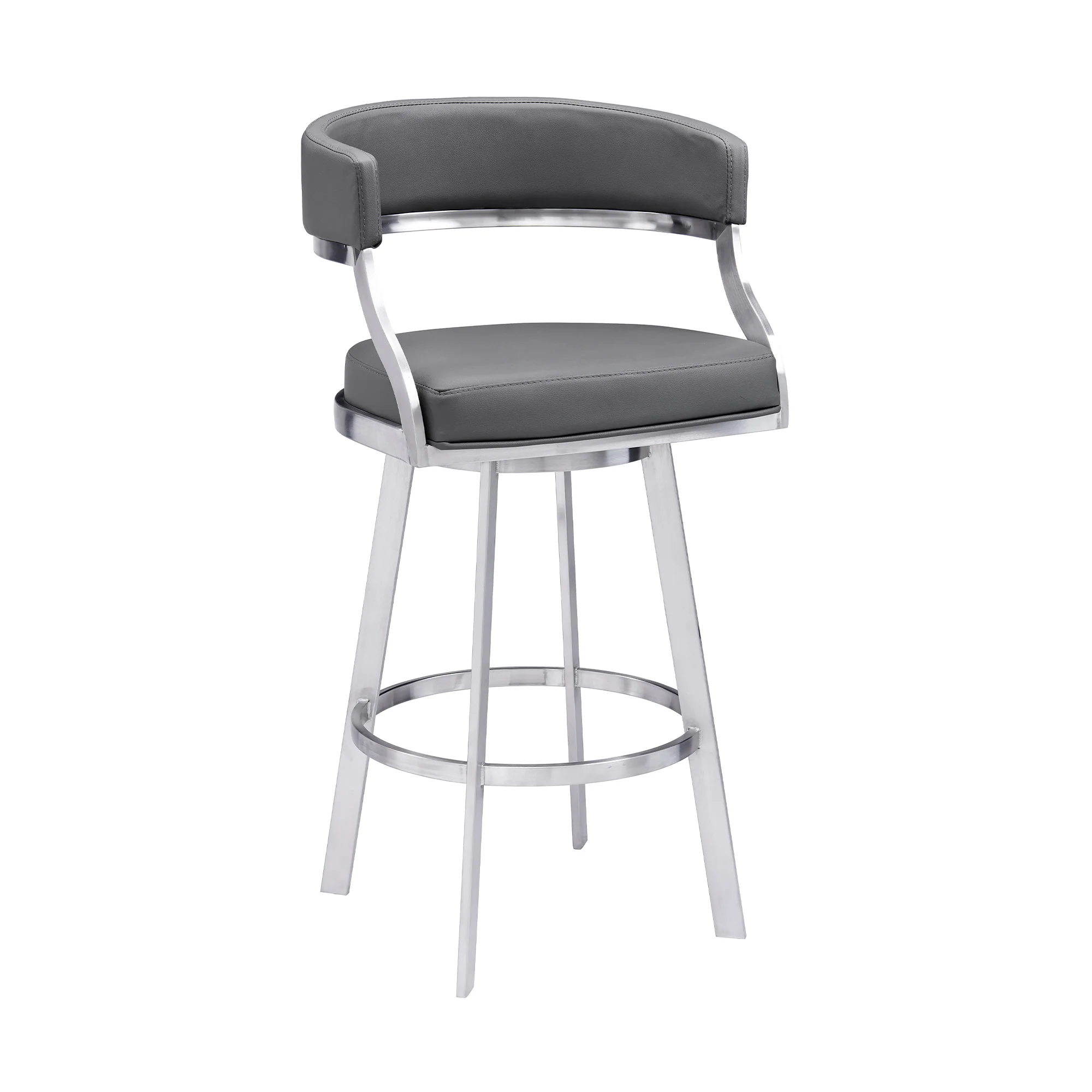Dione 26" Counter Height Swivel Grey Faux Leather and Brushed Stainless Steel Bar Stool By Armen Living - Image 2