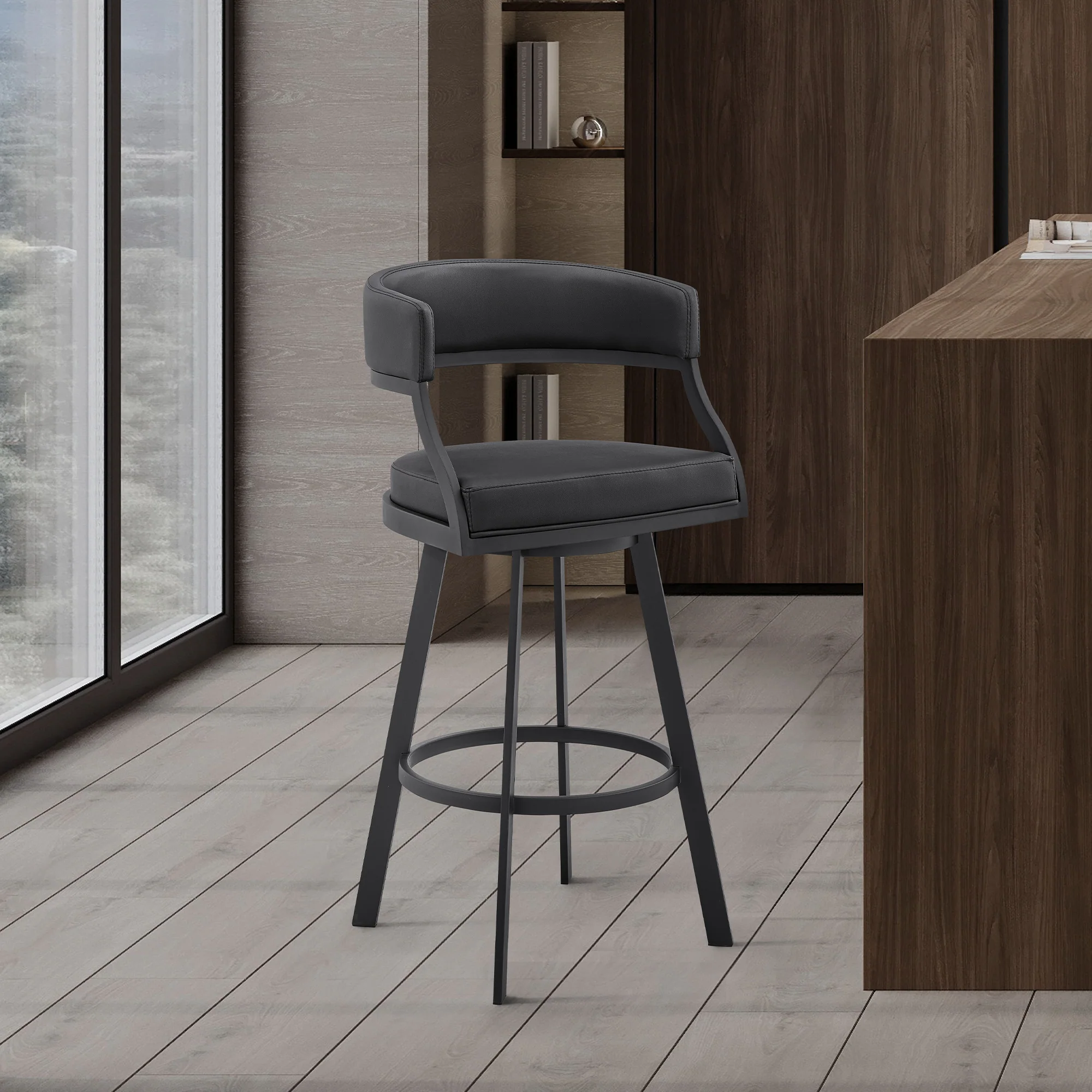 Dione 30" Bar Height Swivel Black Faux Leather and Metal Bar Stool By Armen Living