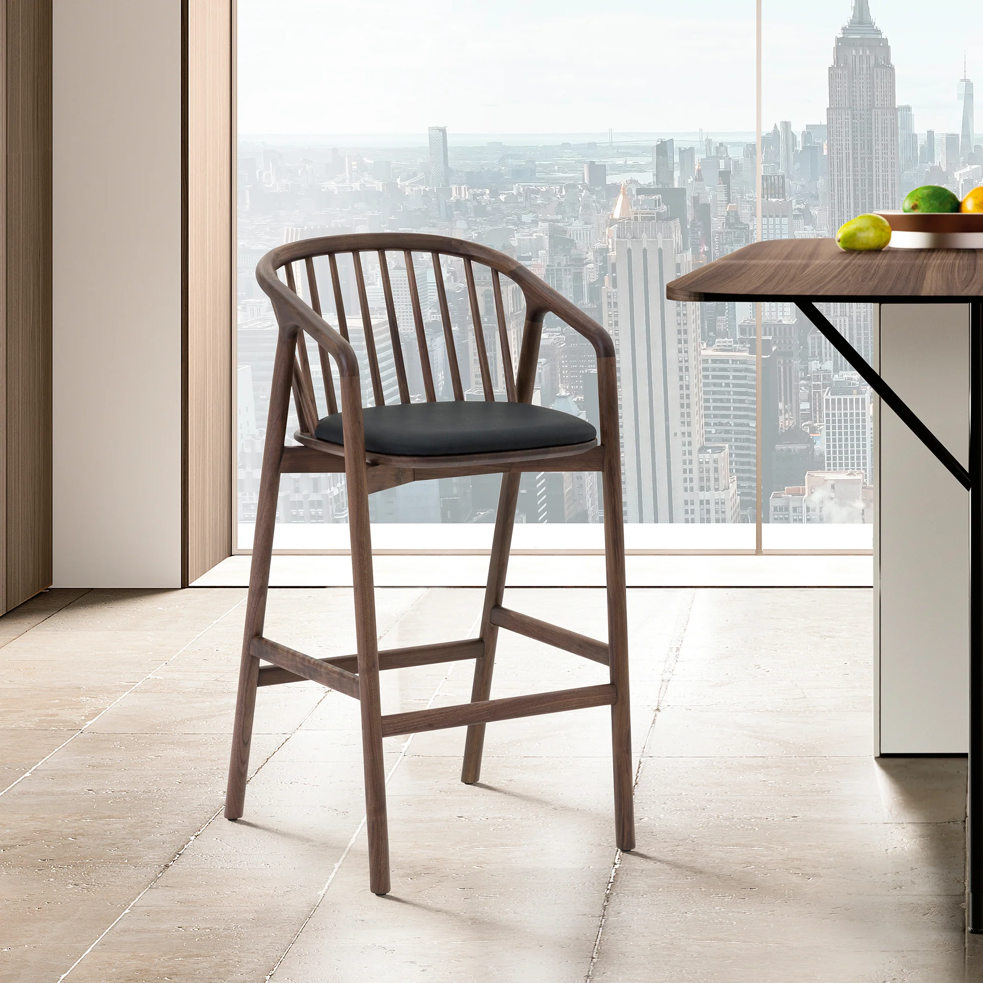 Echo Walnut Wood and Black Faux Leather Bar Stool By Armen Living