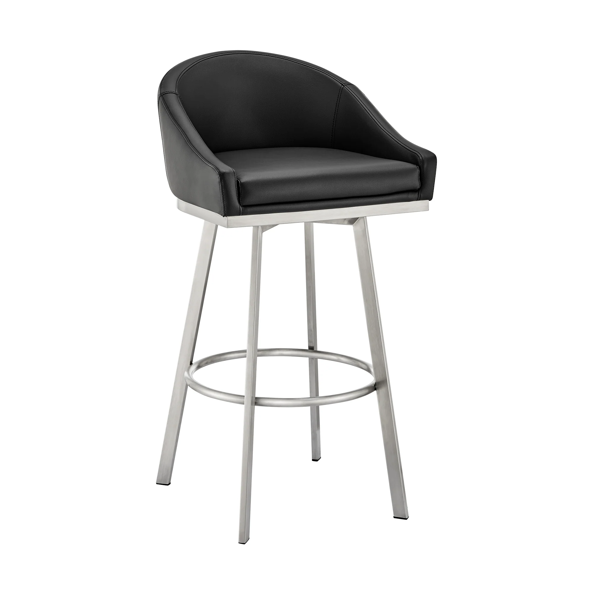 Eleanor 26" Swivel Counter Stool in Brushed Stainless Steel and Black Faux Leather By Armen Living - Image 2
