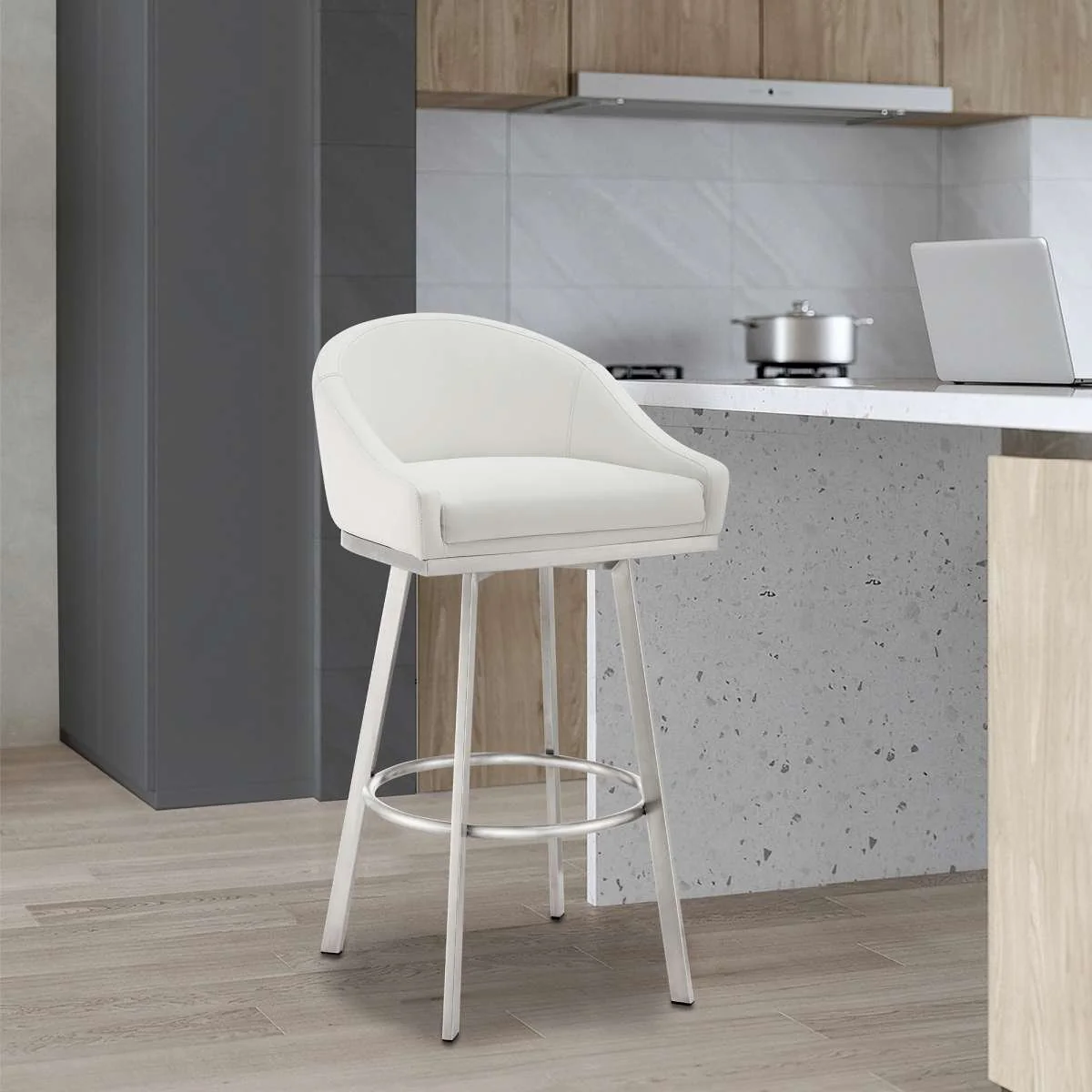 Eleanor 26" Swivel Counter Stool in Brushed Stainless Steel with White Faux Leather By Armen Living