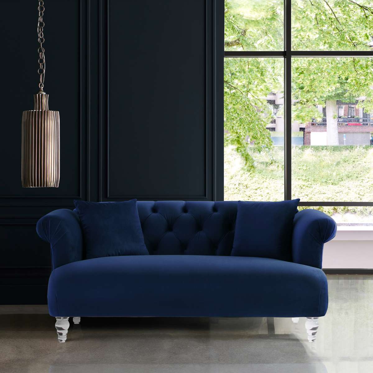 Elegance Contemporary Loveseat in Blue Velvet with Acrylic Legs By Armen Living